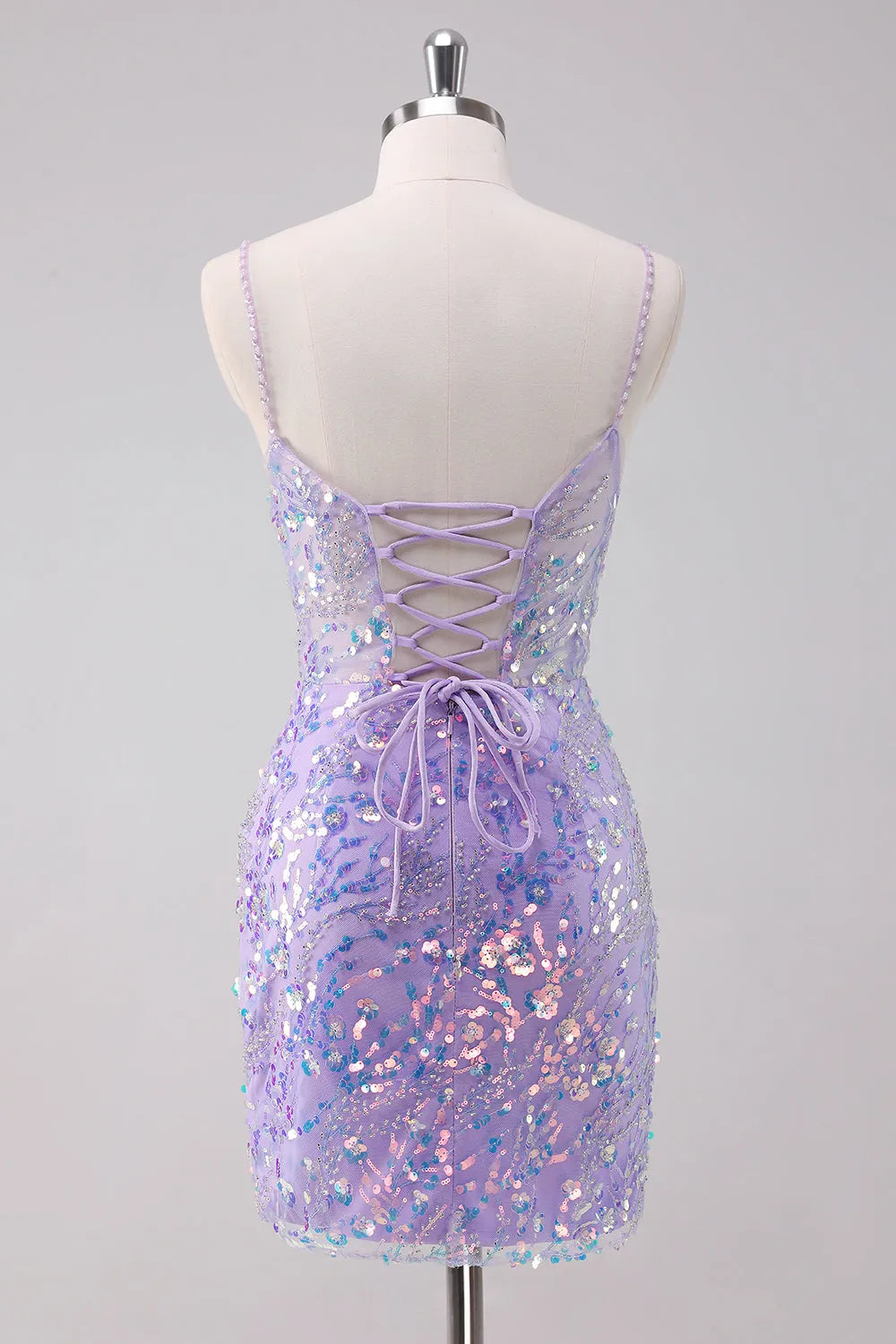 Floral Sequin Embroidered Sheer Mesh Spaghetti Strap Lace-Up Back Bodycon Mini Homecoming Dress