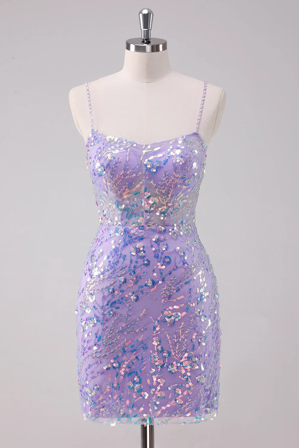 Floral Sequin Embroidered Sheer Mesh Spaghetti Strap Lace-Up Back Bodycon Mini Homecoming Dress