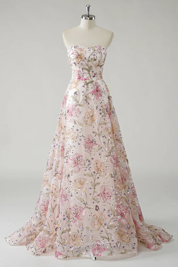 elegant pale pink strapless A-line prom dress with floral embroidery and sequins.