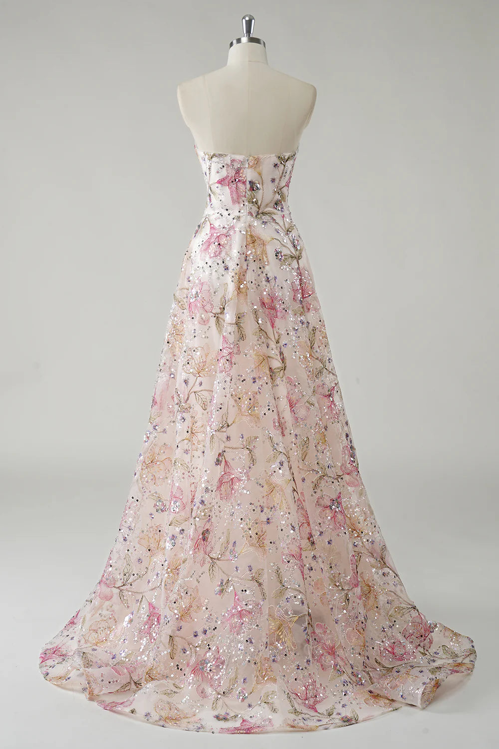 Elegant Floral Embroidered A-Line Strapless Sequin Tulle Prom Dress