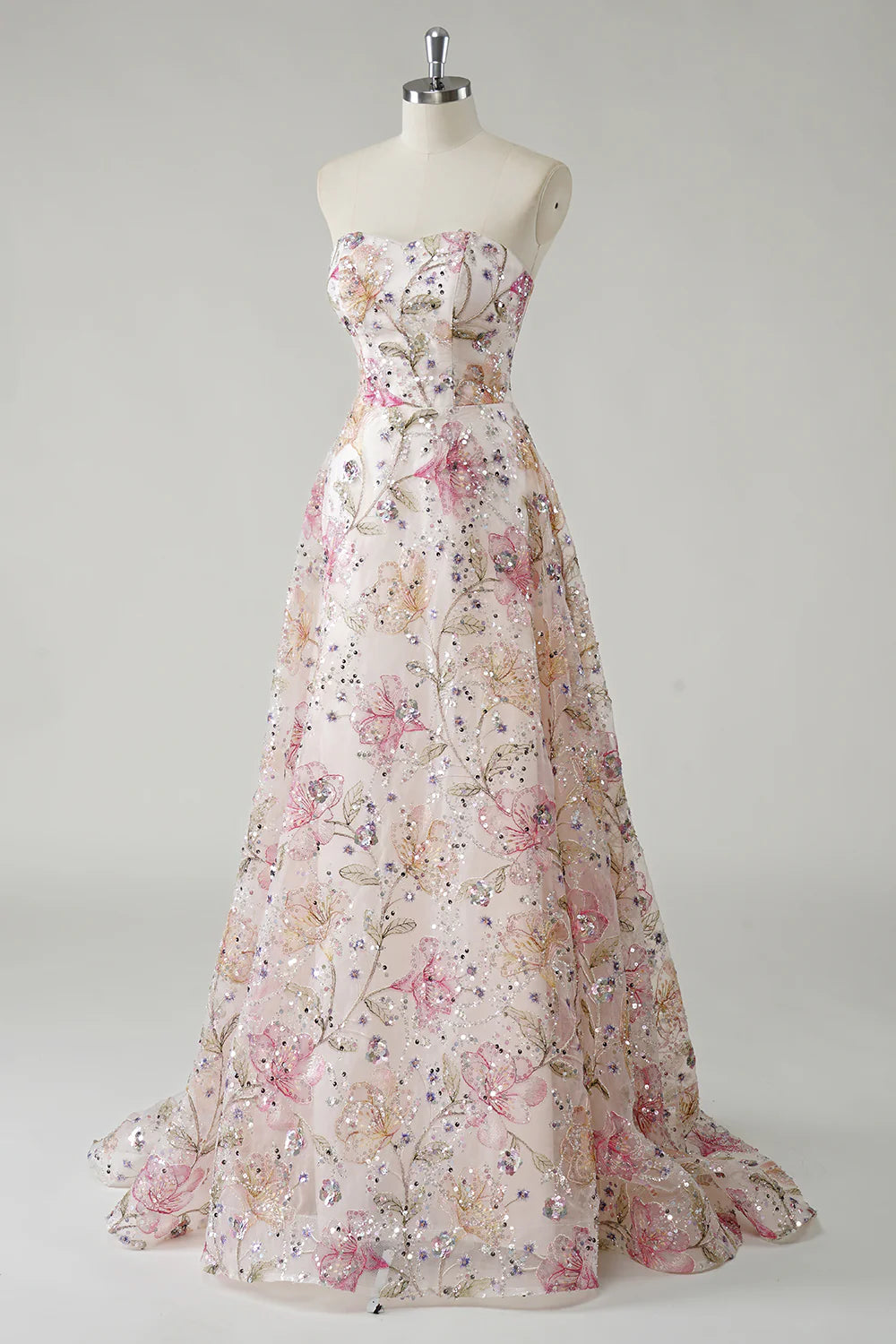 Elegant Floral Embroidered A-Line Strapless Sequin Tulle Prom Dress