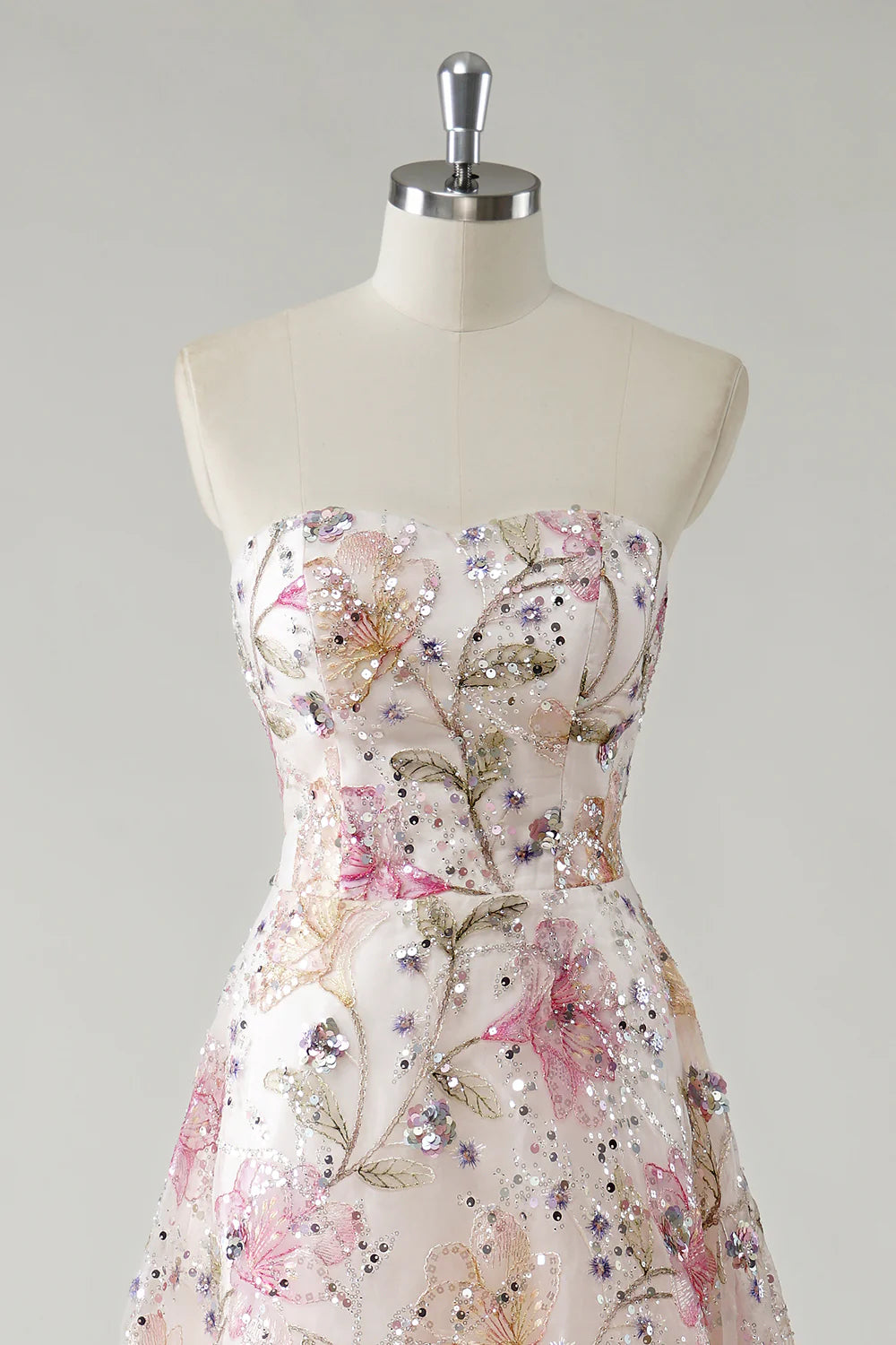 Elegant Floral Embroidered A-Line Strapless Sequin Tulle Prom Dress