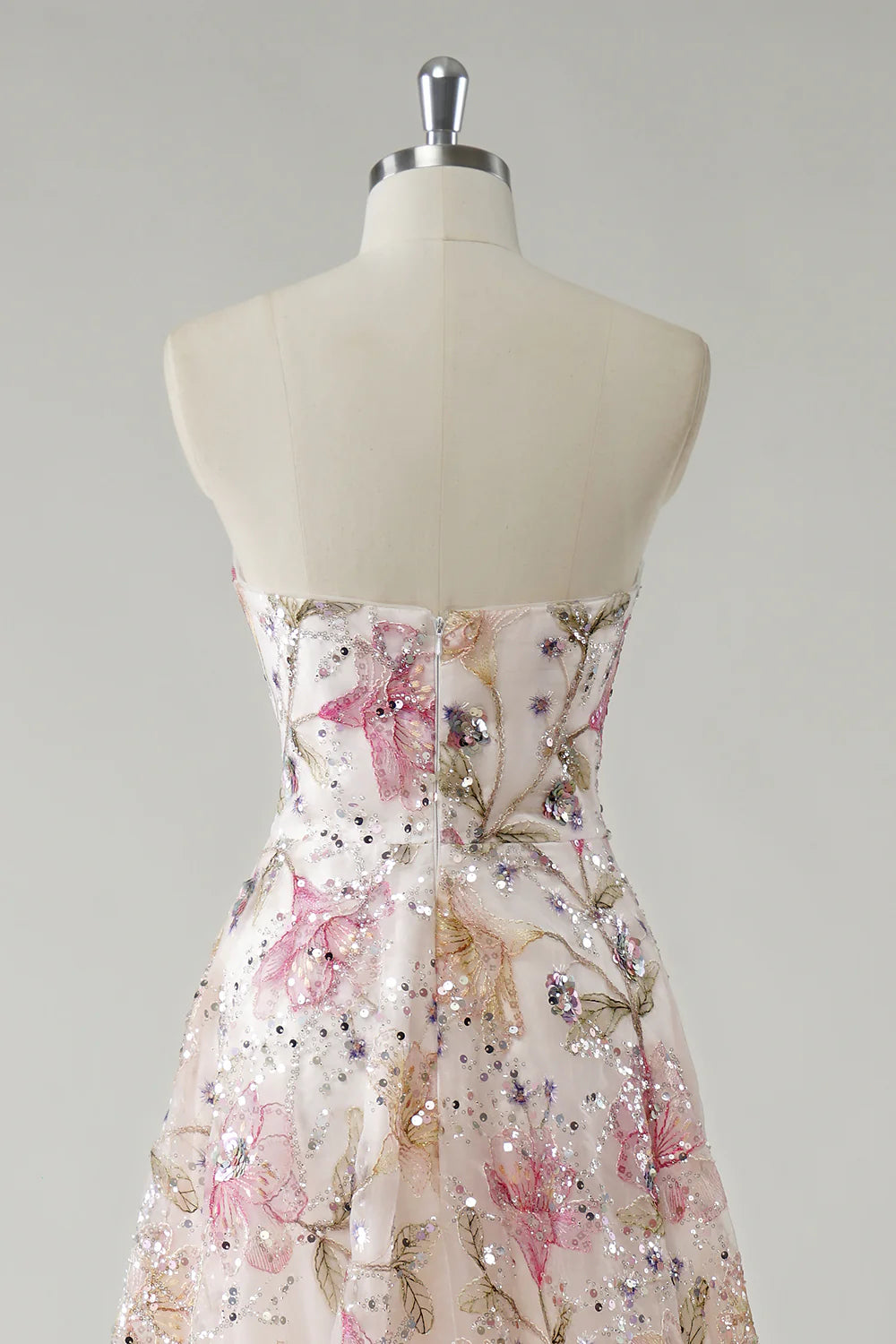 Elegant Floral Embroidered A-Line Strapless Sequin Tulle Prom Dress