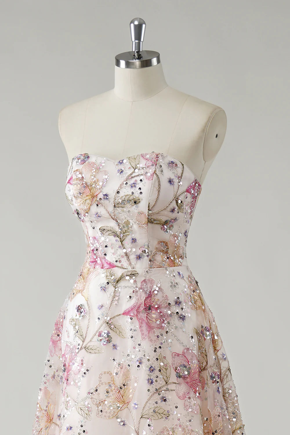 Elegant Floral Embroidered A-Line Strapless Sequin Tulle Prom Dress