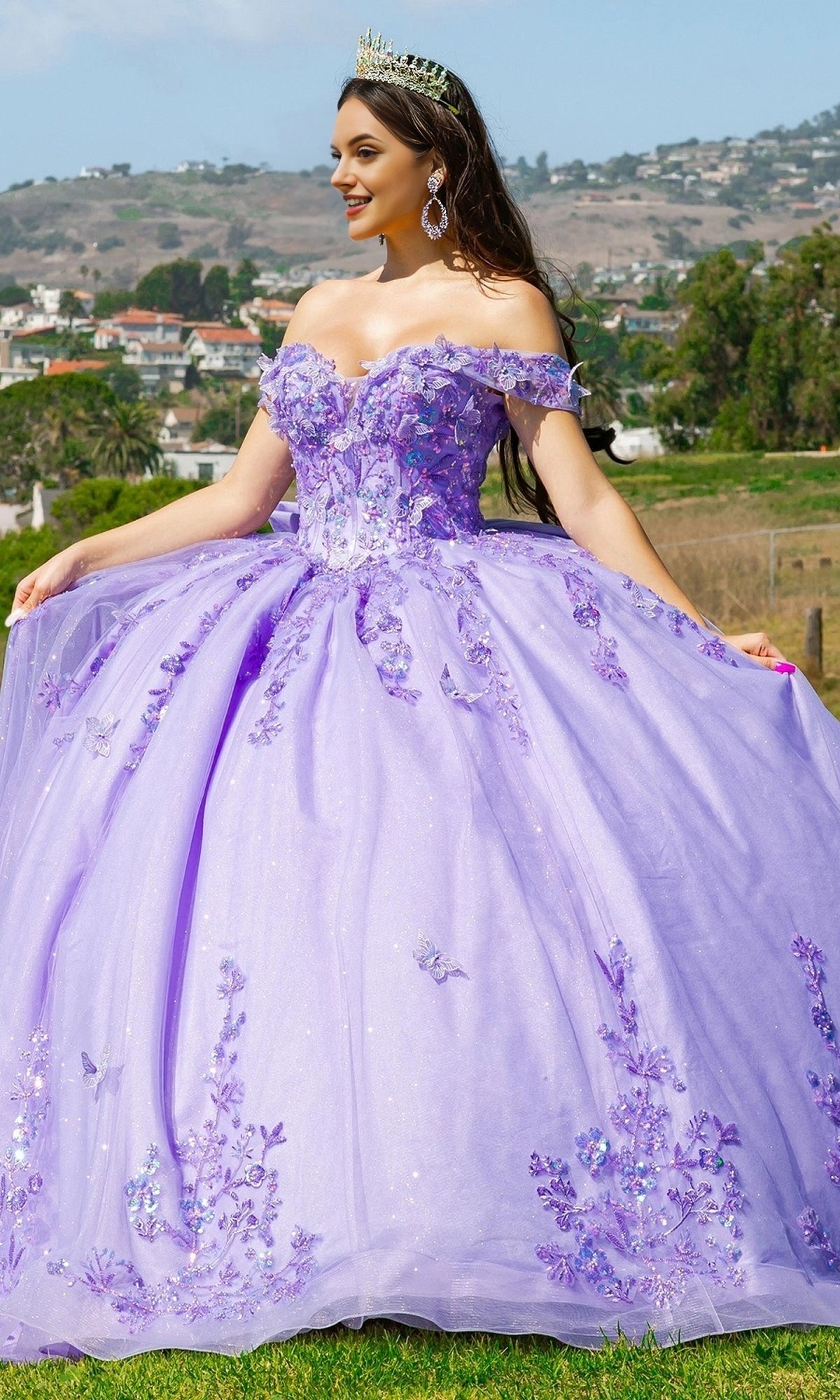 Striking Ball Gown Off‑The‑Shoulder Short Sleeve Corset Back Train Length Floral Quinceanera Dress