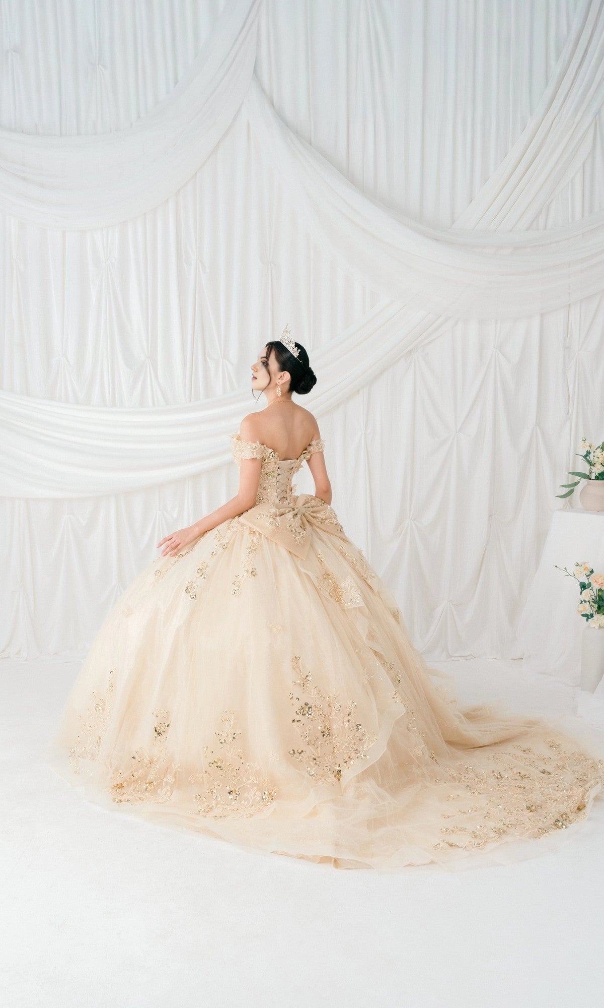 Striking Ball Gown Off‑The‑Shoulder Short Sleeve Corset Back Train Length Floral Quinceanera Dress