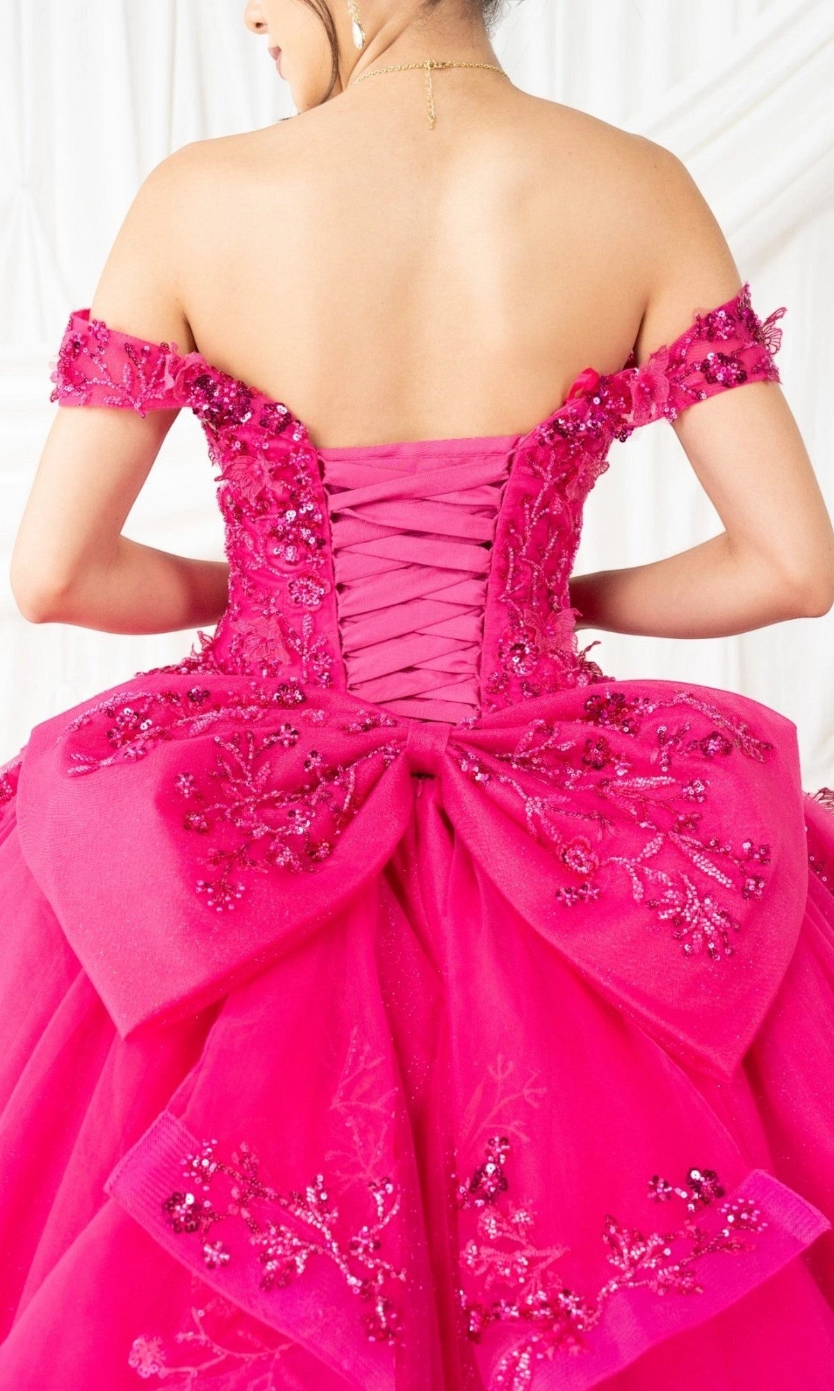 Striking Ball Gown Off‑The‑Shoulder Short Sleeve Corset Back Train Length Floral Quinceanera Dress