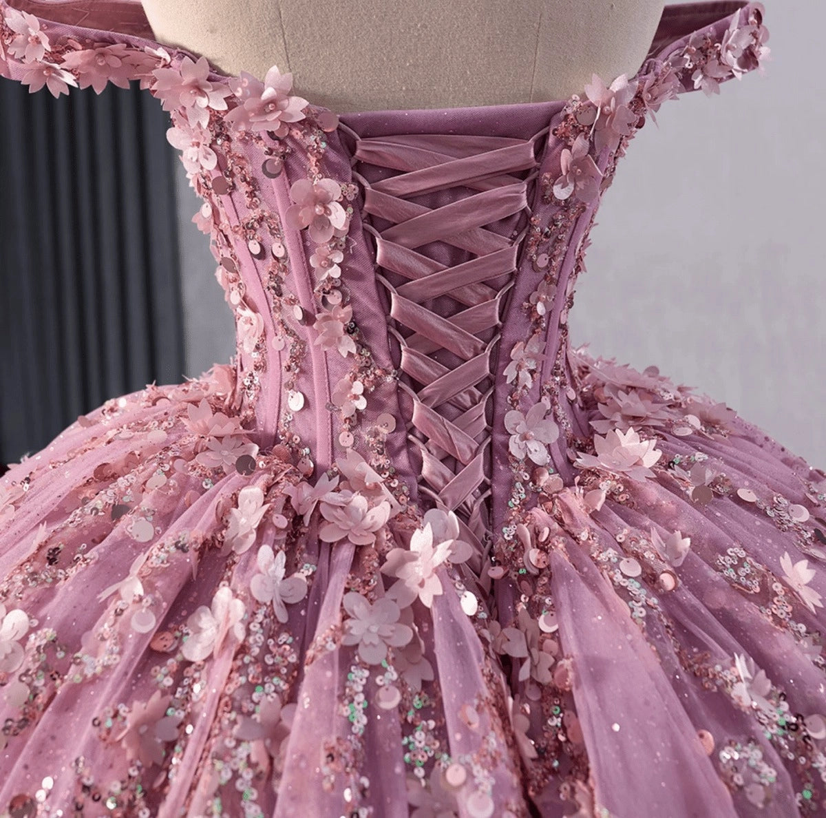 Dusty Pink Ball Gown Off The Shoulder 3D Floral Lace Up Back Quinceañera Dress