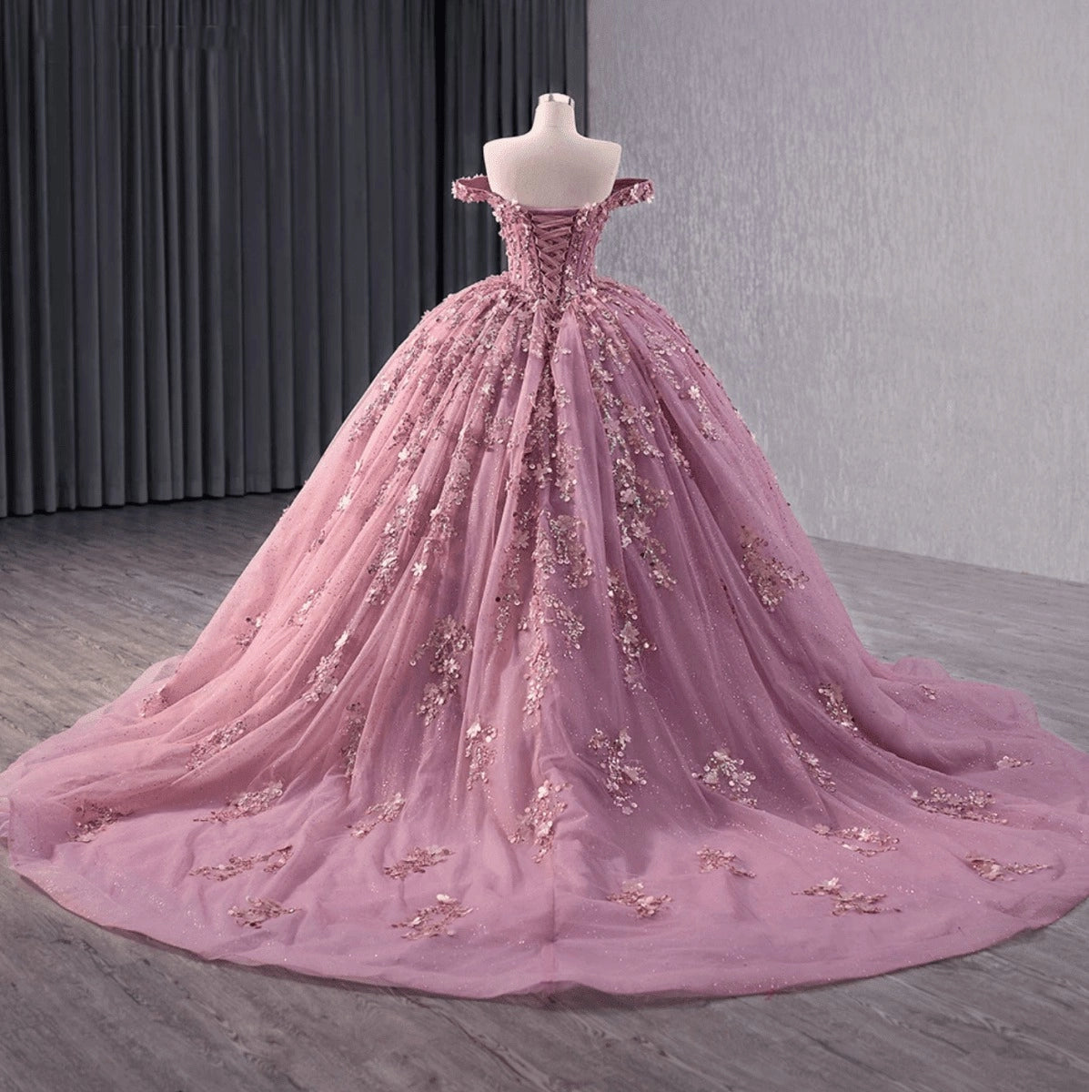 Dusty Pink Ball Gown Off The Shoulder 3D Floral Lace Up Back Quinceañera Dress