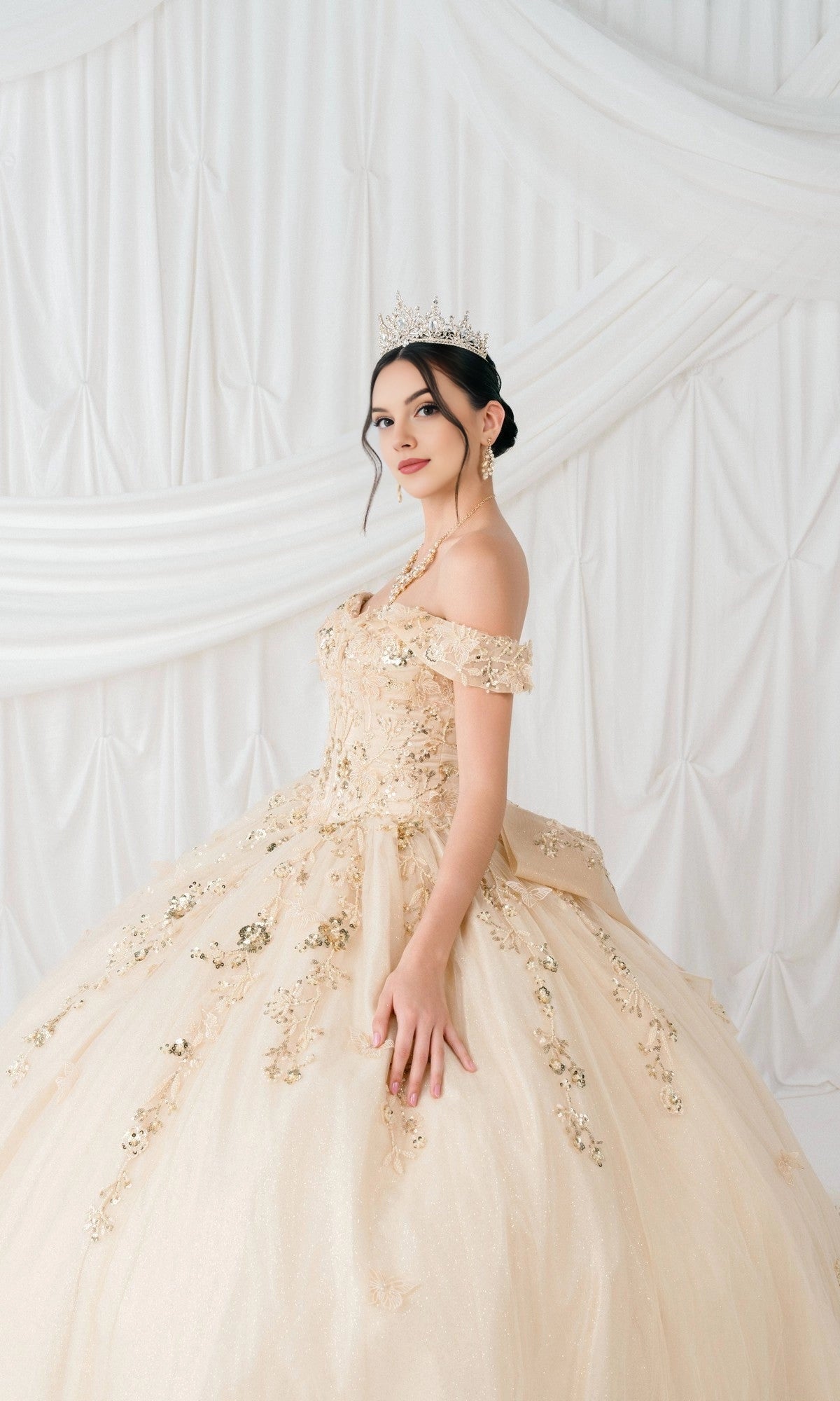 Striking Ball Gown Off‑The‑Shoulder Short Sleeve Corset Back Train Length Floral Quinceanera Dress