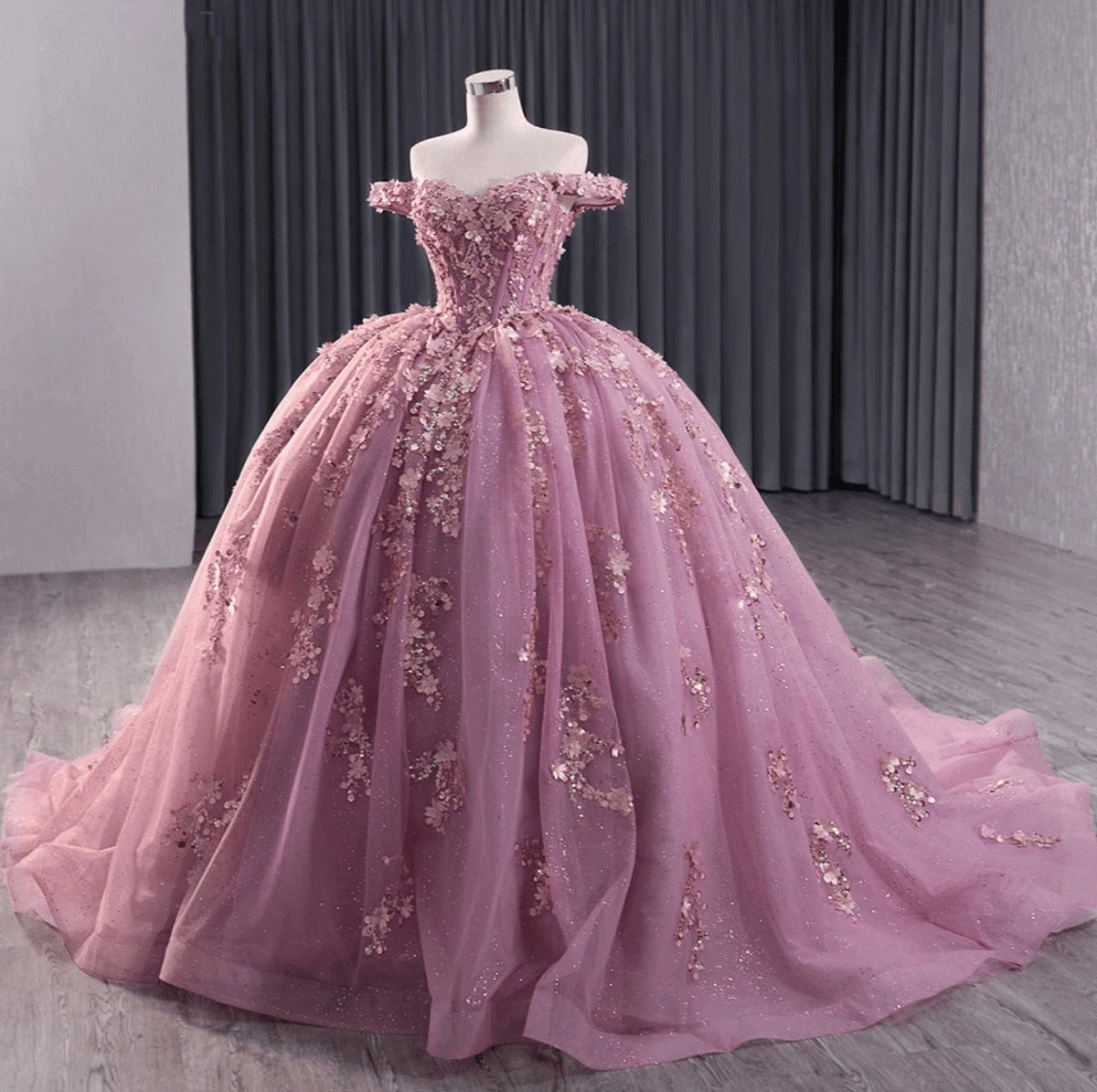 Dusty Pink Ball Gown Off The Shoulder 3D Floral Lace Up Back Quinceañera Dress