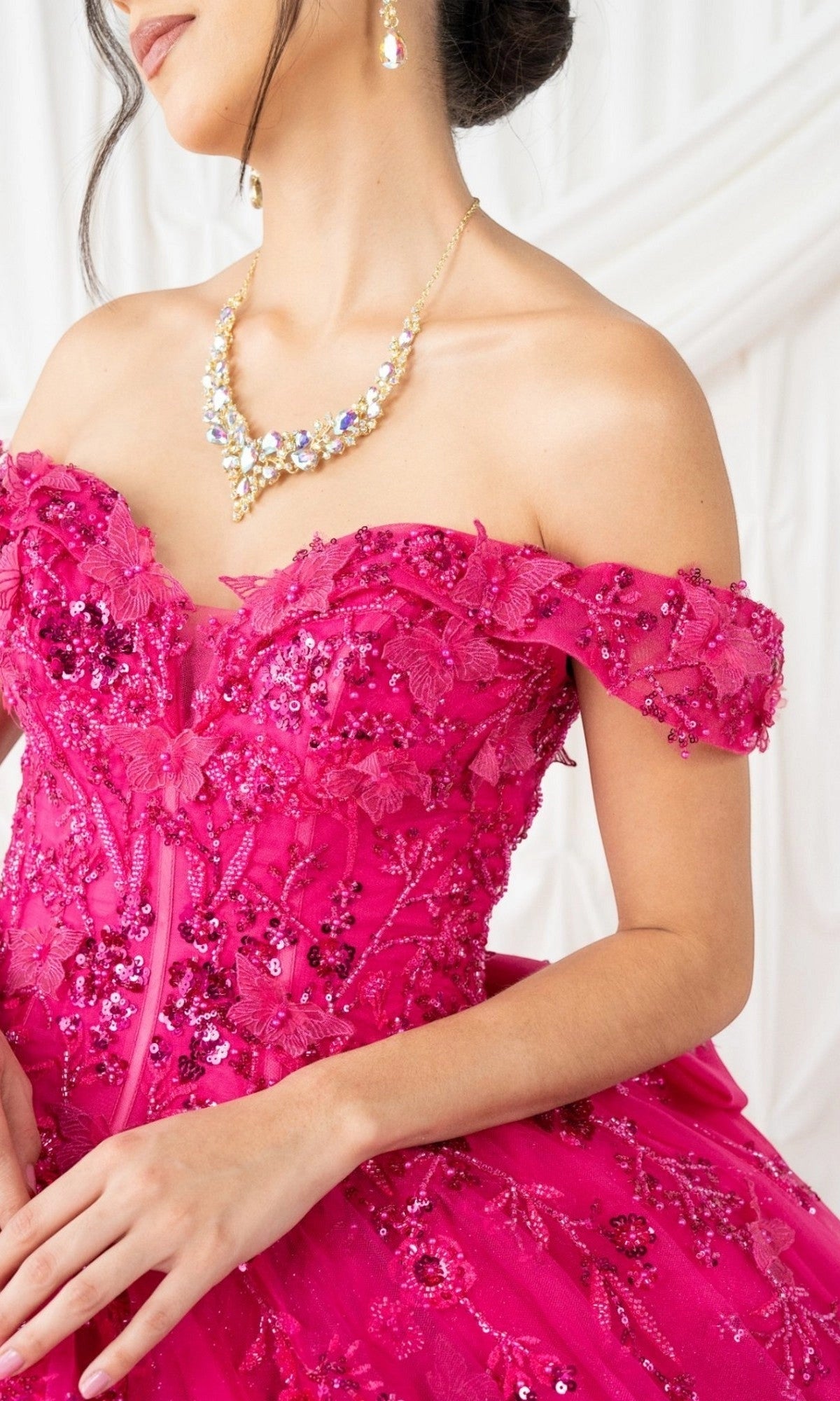 Striking Ball Gown Off‑The‑Shoulder Short Sleeve Corset Back Train Length Floral Quinceanera Dress