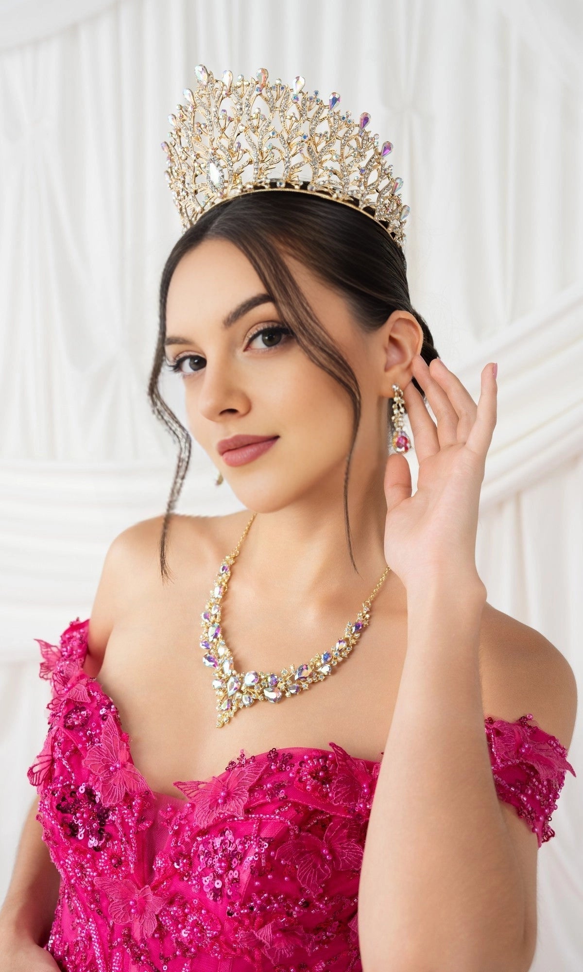 Striking Ball Gown Off‑The‑Shoulder Short Sleeve Corset Back Train Length Floral Quinceanera Dress