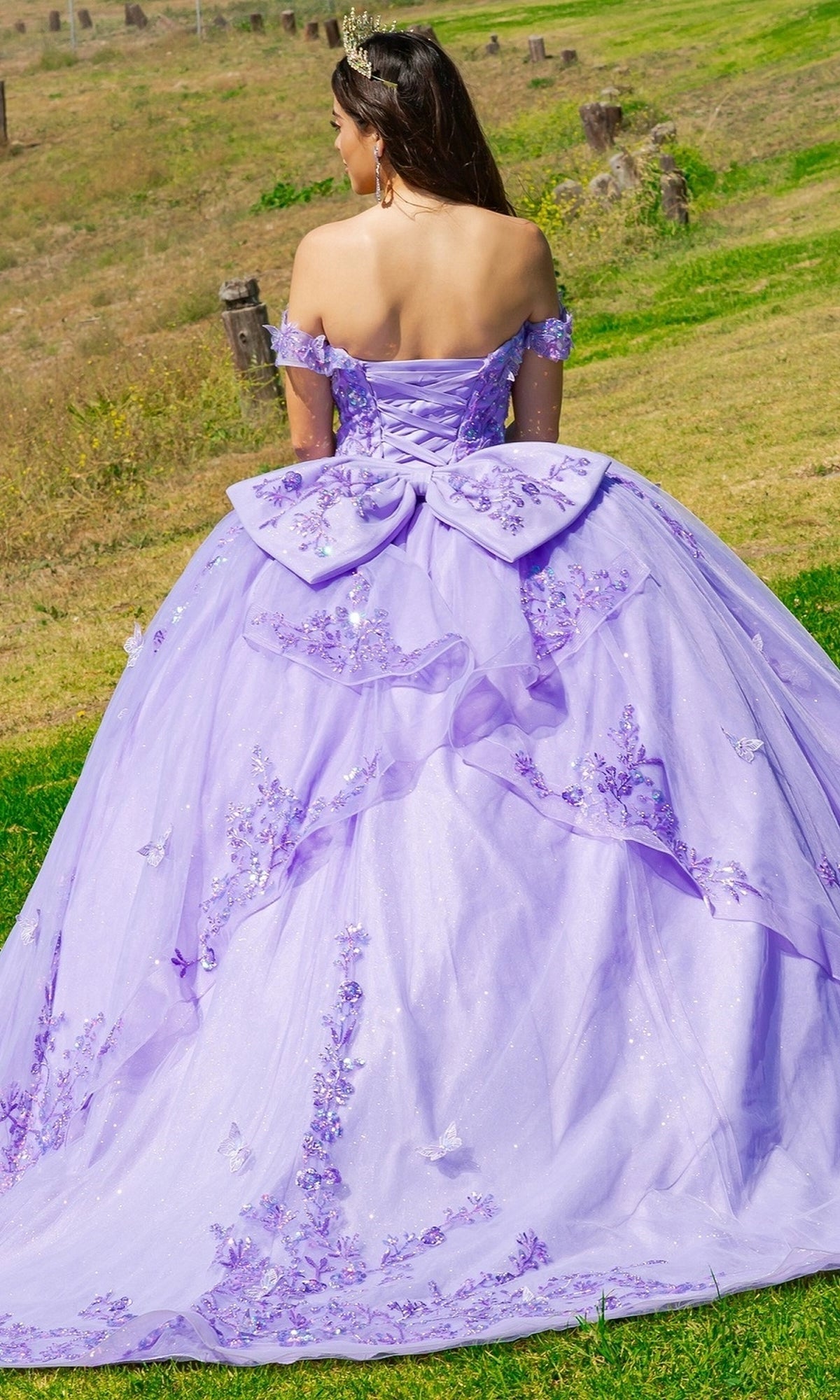 Striking Ball Gown Off‑The‑Shoulder Short Sleeve Corset Back Train Length Floral Quinceanera Dress