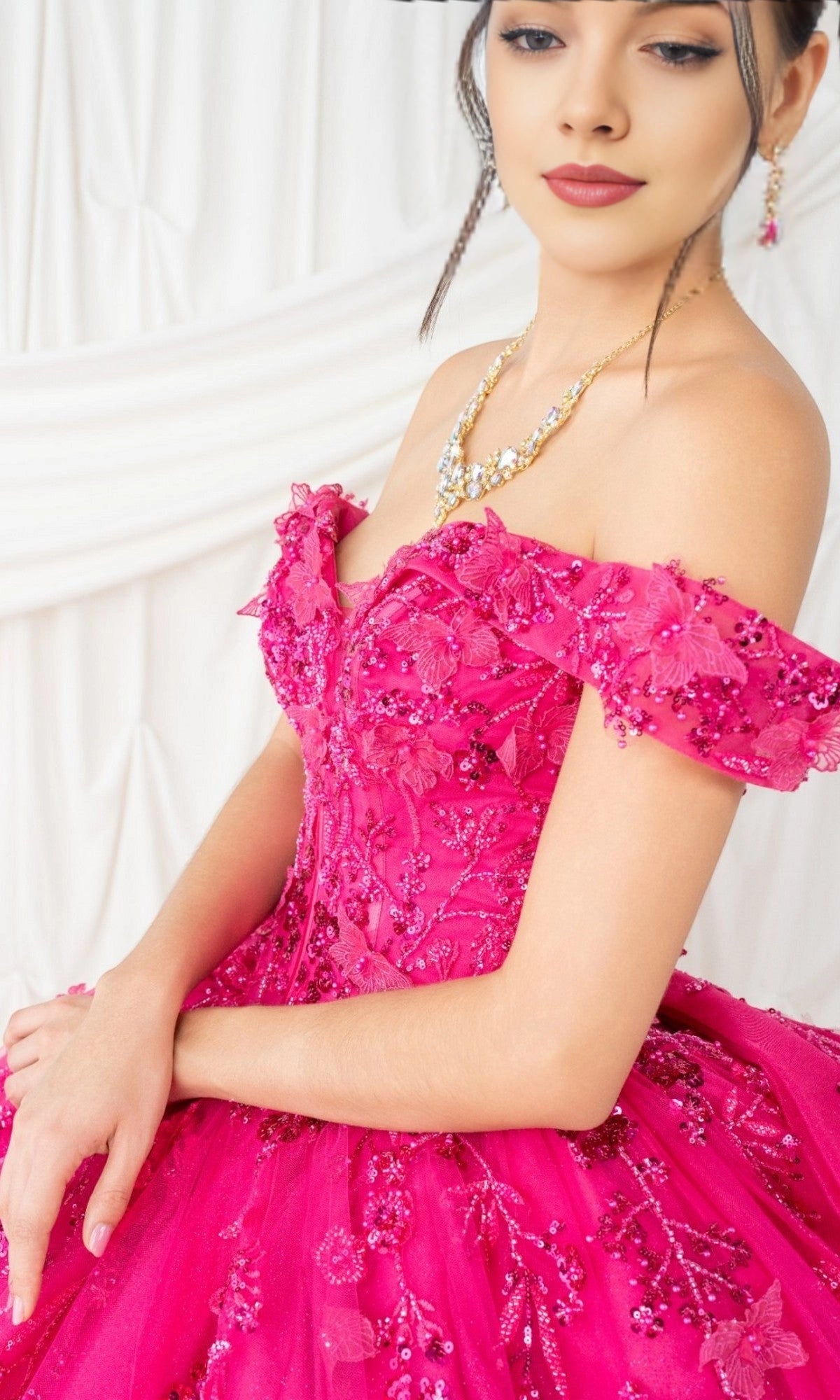 Striking Ball Gown Off‑The‑Shoulder Short Sleeve Corset Back Train Length Floral Quinceanera Dress