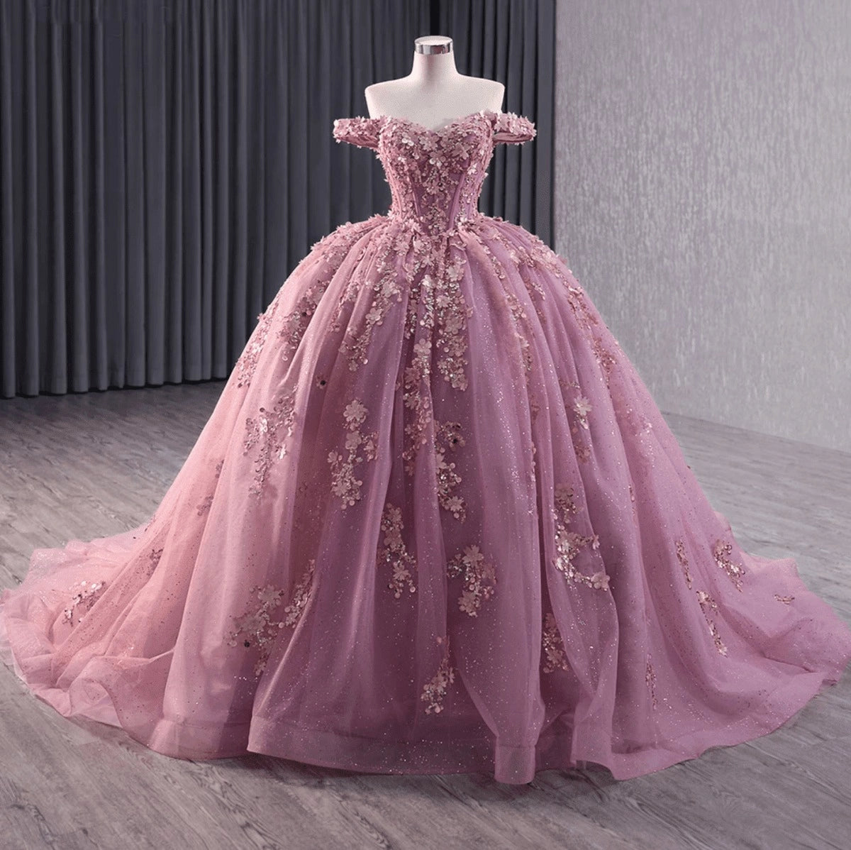 Dusty Pink Ball Gown Off The Shoulder 3D Floral Lace Up Back Quinceañera Dress