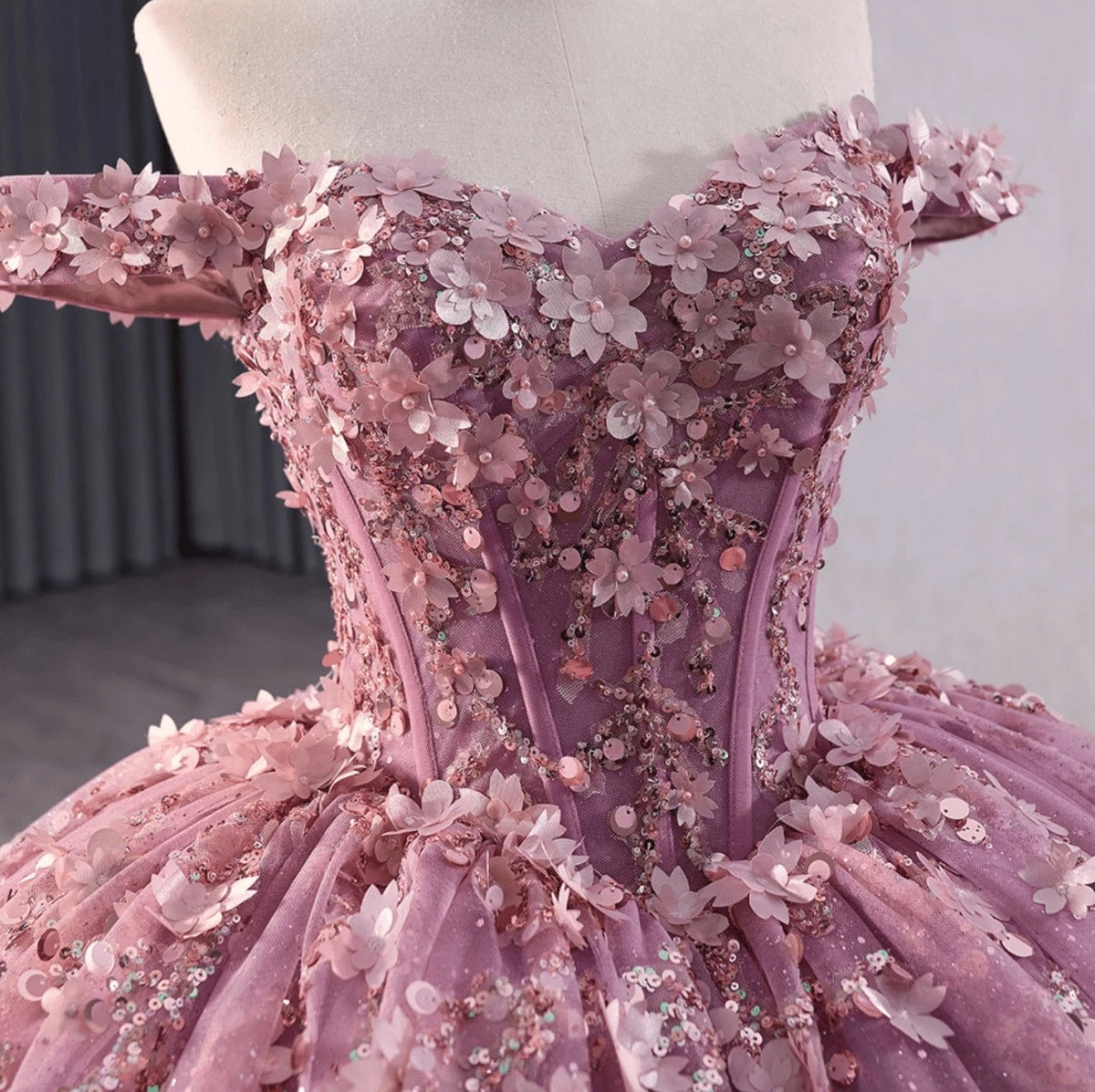 Dusty Pink Ball Gown Off The Shoulder 3D Floral Lace Up Back Quinceañera Dress