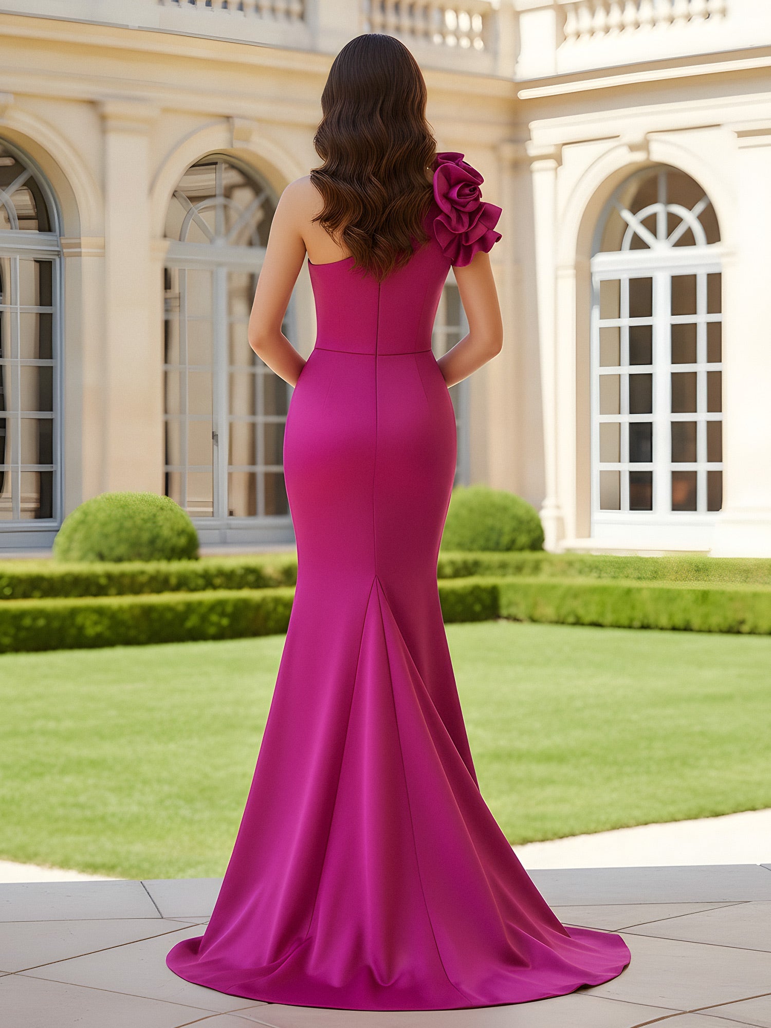 Fuchsia Satin One-Shoulder Formal Gown 3D Floral Applique Ruched Bodice High Slit Mermaid Maxi Dress for Prom, Red Carpet and Black-Tie Events