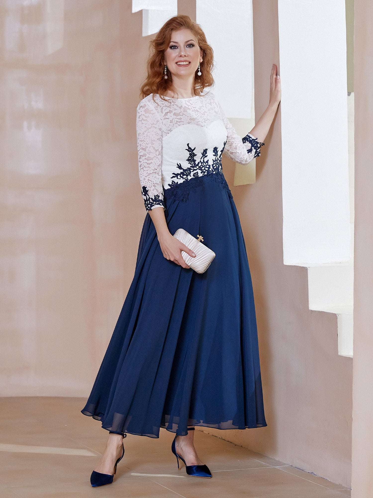 Elegant Navy Blue & White Lace 3/4 Sleeve Floral Applique Chiffon Ankle-Length Evening Gown