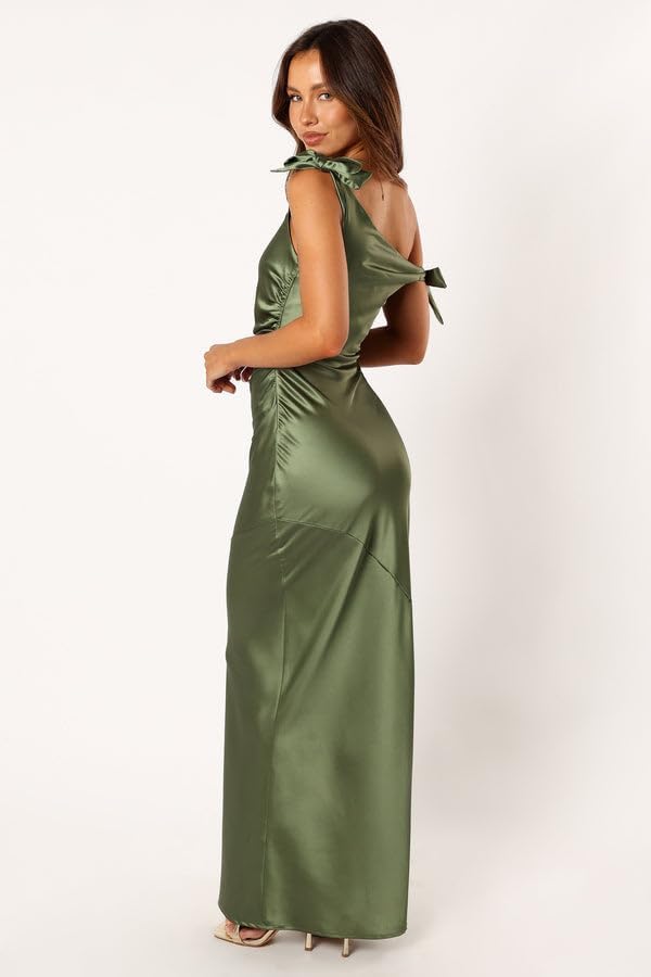 One-Shoulder Bow Detail Satin Ruched Mermaid Floor-Length Bridesmaid Evening Gown
