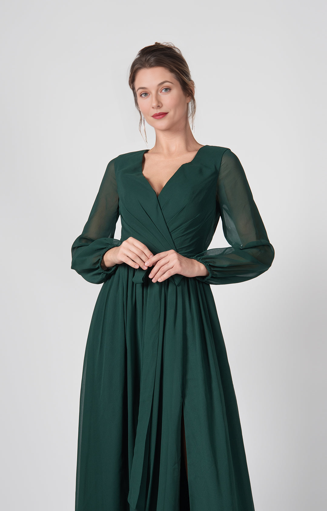 Elegant A-Line V-Neck Long Sheer Sleeve Open Back Floor-Length Bridesmaid Wedding Guest Dresses