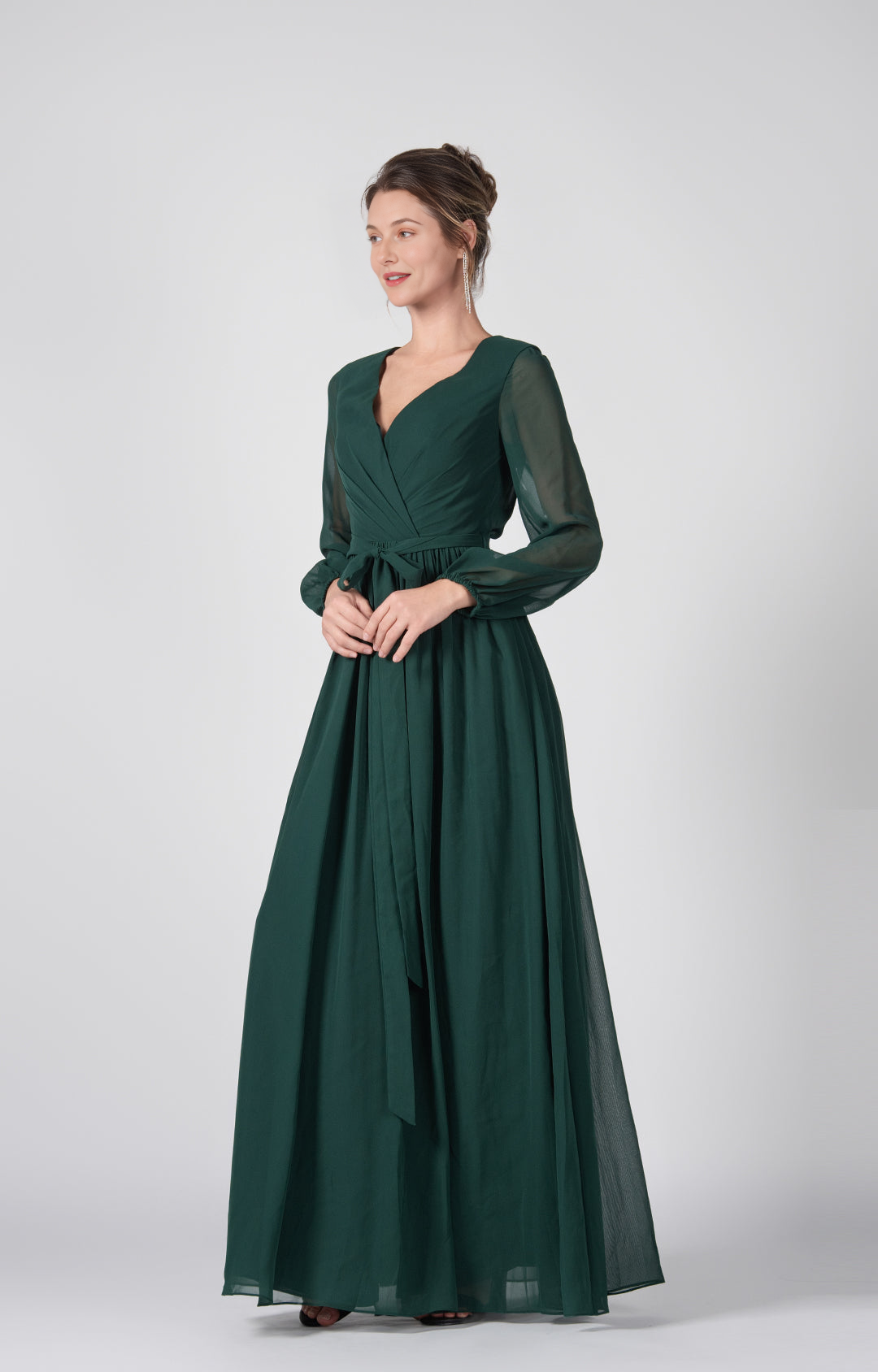 Elegant A-Line V-Neck Long Sheer Sleeve Open Back Floor-Length Bridesmaid Wedding Guest Dresses