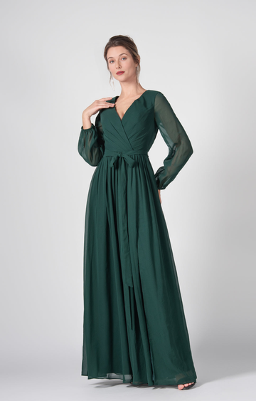Elegant A-Line V-Neck Long Sheer Sleeve Open Back Floor-Length Bridesmaid Wedding Guest Dresses