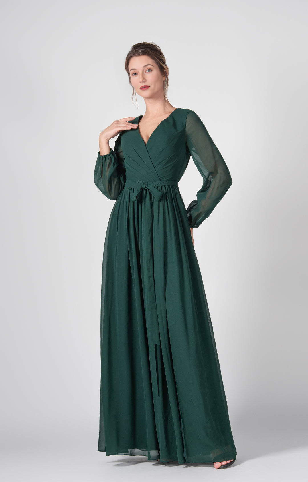 Elegant A-Line V-Neck Long Sheer Sleeve Open Back Floor-Length Bridesmaid Wedding Guest Dresses