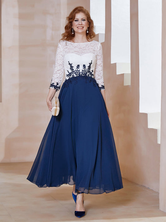Elegant Navy Blue & White Lace 3/4 Sleeve Floral Applique Chiffon Ankle-Length Evening Gown