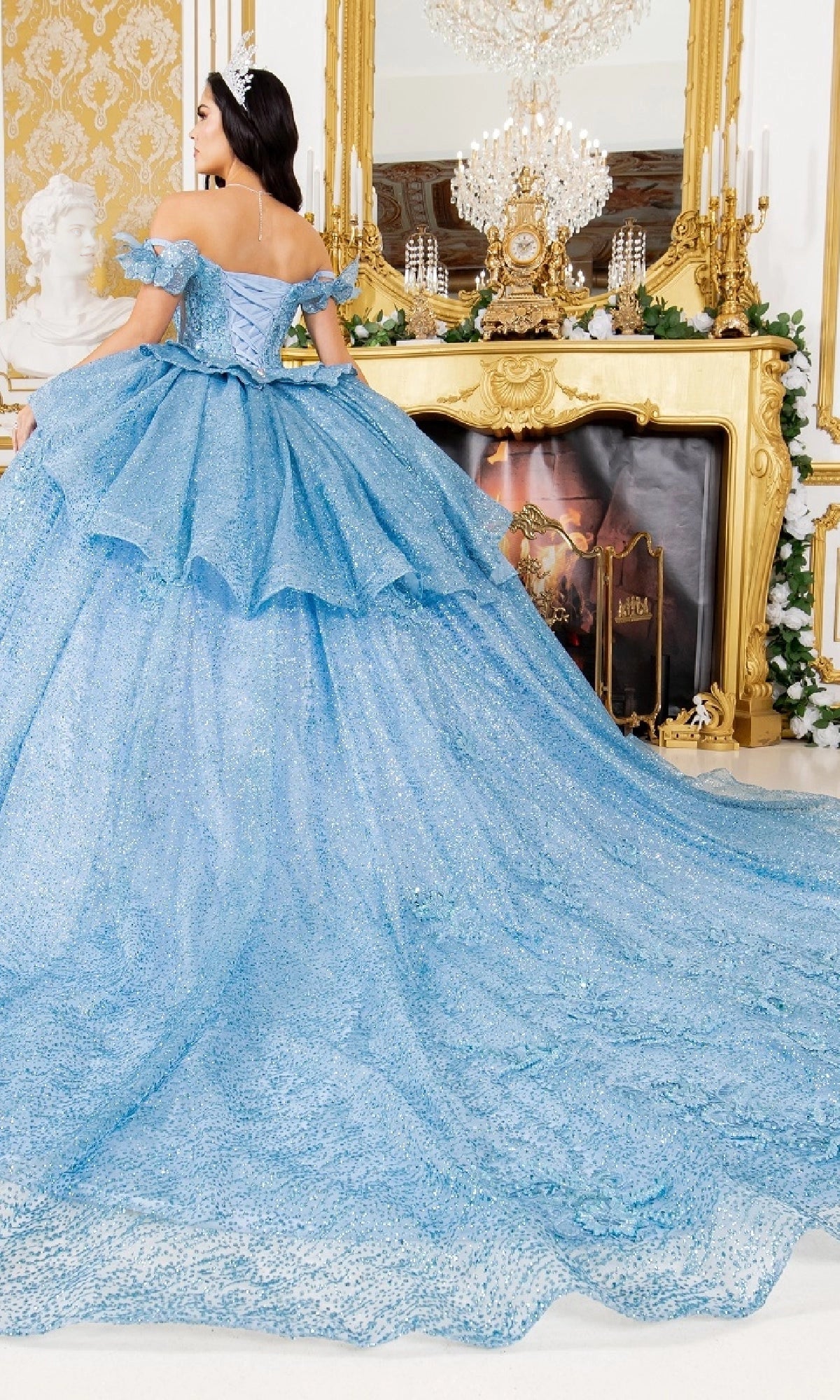 Glamorous Ball Gown Off‑The‑Shoulder Bow Sleeve Corset Back Train Length Glitter Quinceanera Dress