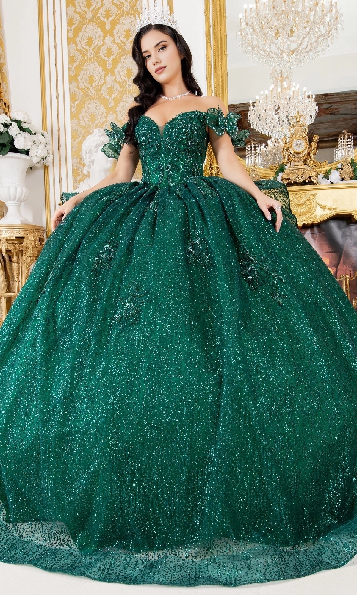Glamorous Ball Gown Off‑The‑Shoulder Bow Sleeve Corset Back Train Length Glitter Quinceanera Dress