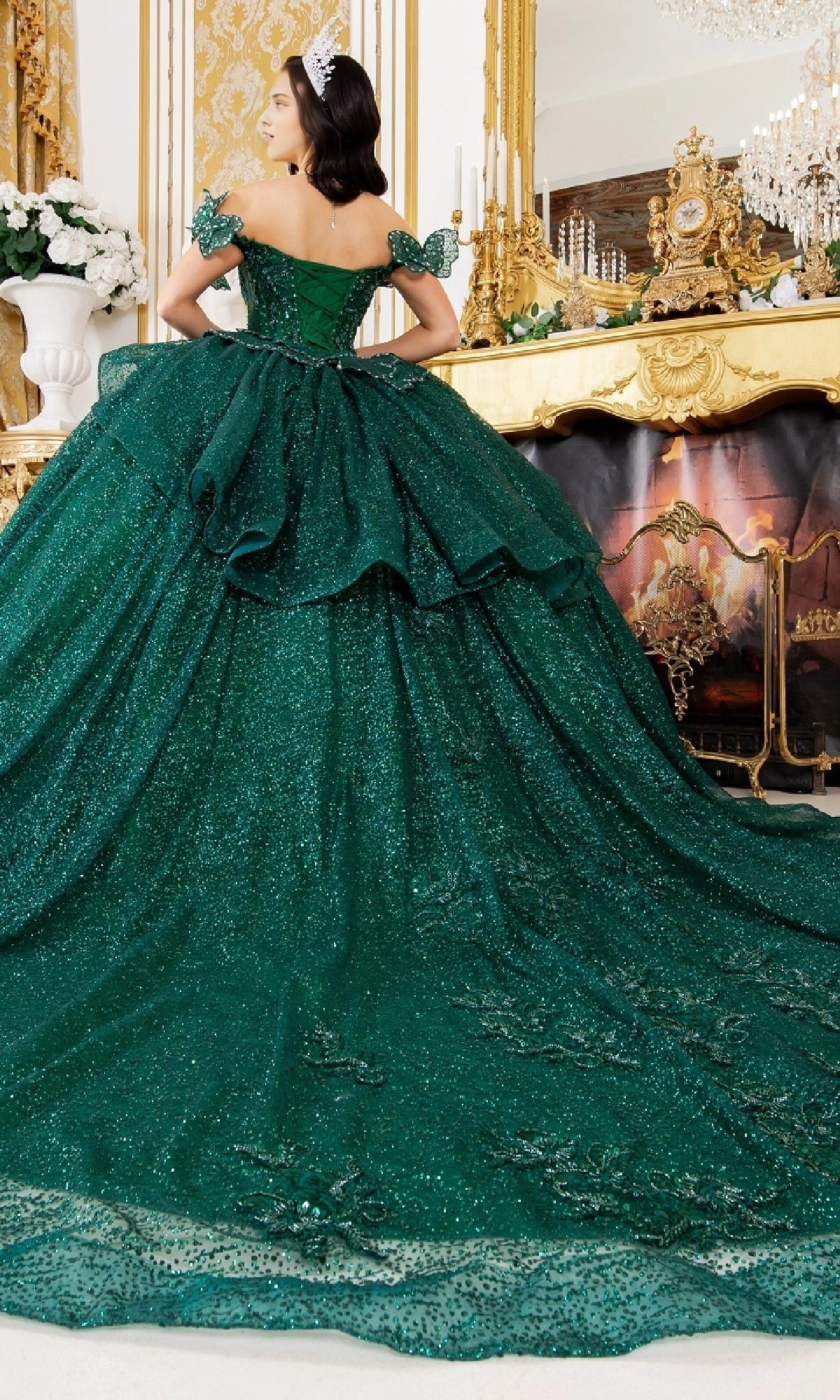Glamorous Ball Gown Off‑The‑Shoulder Bow Sleeve Corset Back Train Length Glitter Quinceanera Dress