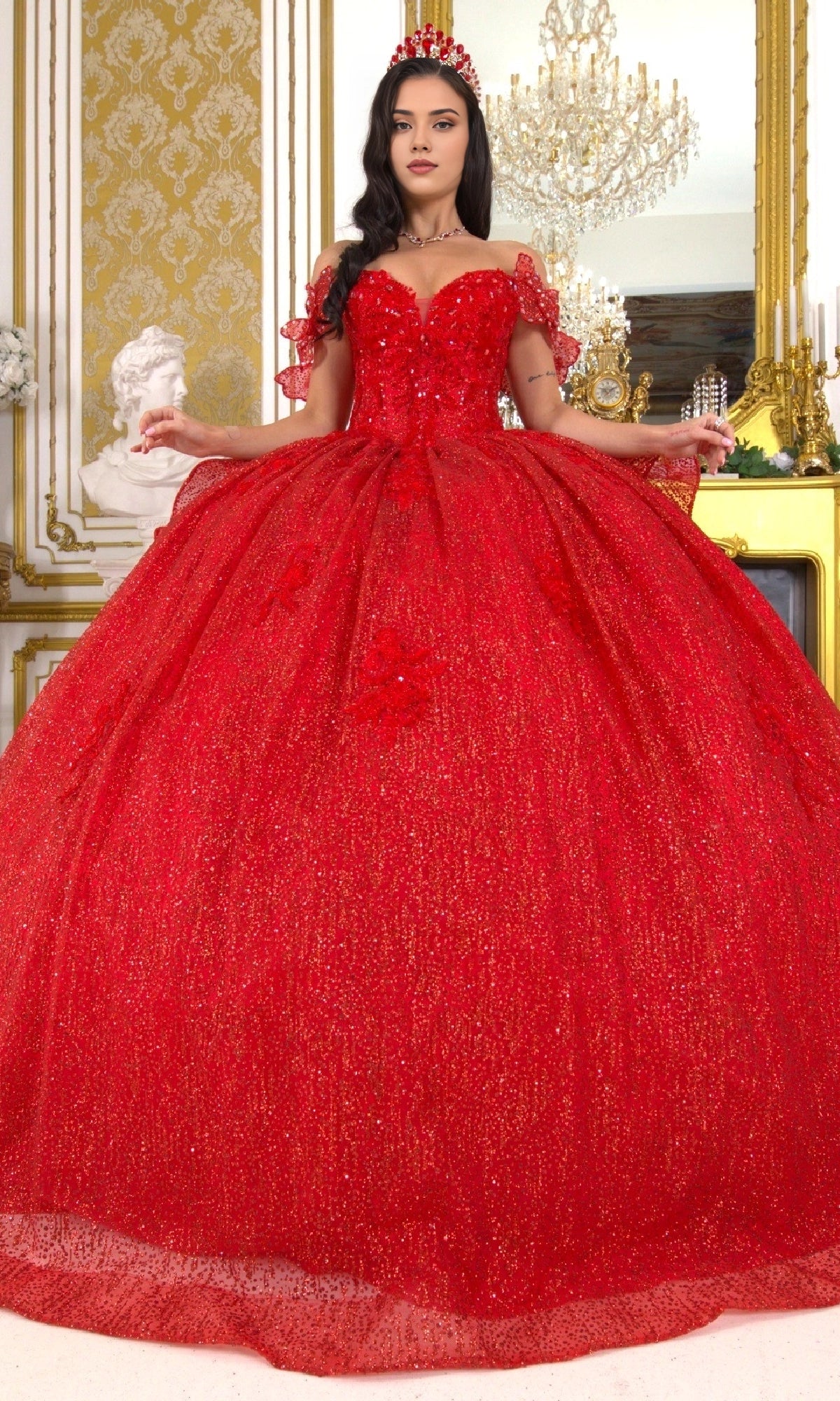 Glamorous Ball Gown Off‑The‑Shoulder Bow Sleeve Corset Back Train Length Glitter Quinceanera Dress