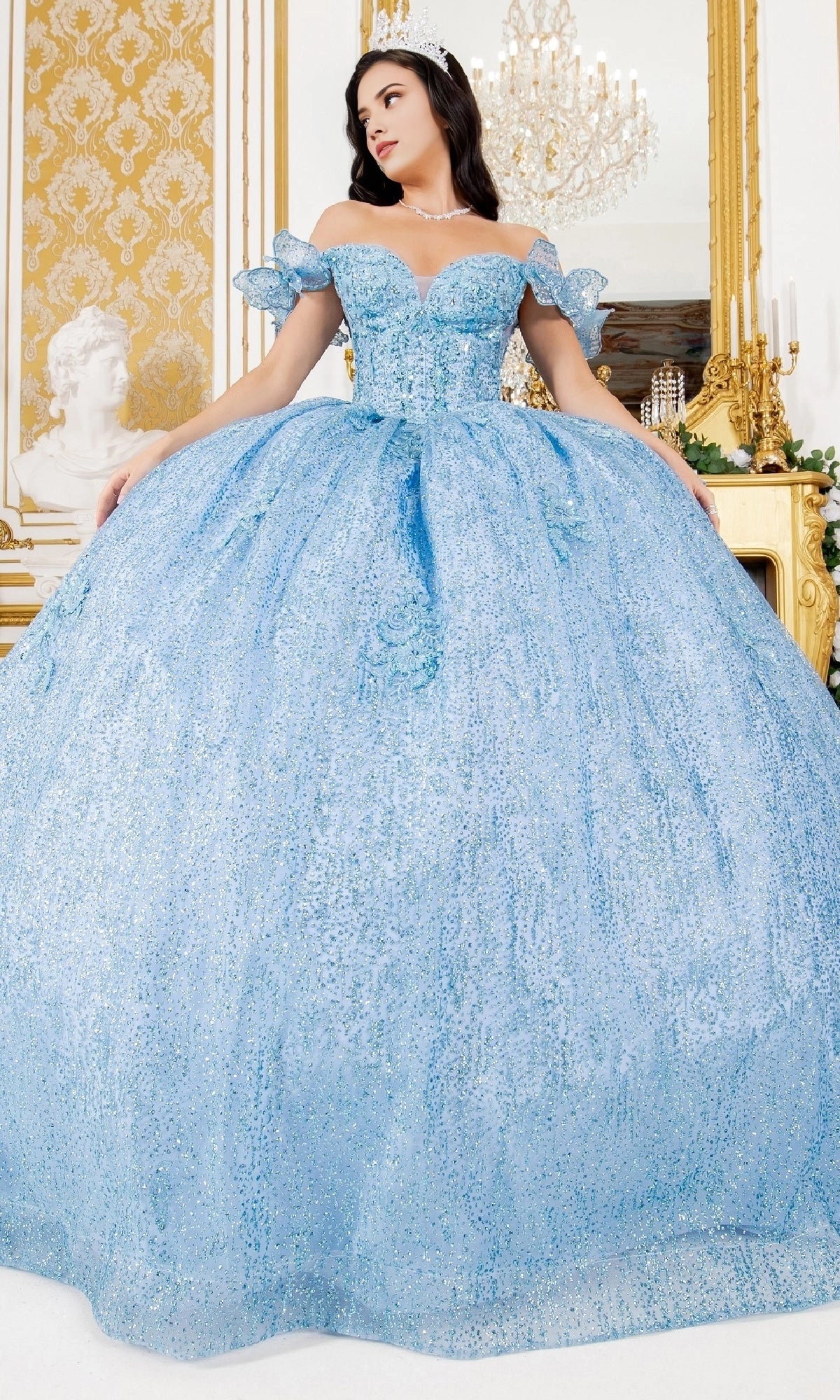 Glamorous Ball Gown Off‑The‑Shoulder Bow Sleeve Corset Back Train Length Glitter Quinceanera Dress