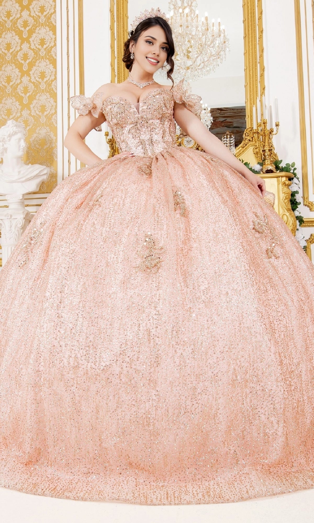 Glamorous Ball Gown Off‑The‑Shoulder Bow Sleeve Corset Back Train Length Glitter Quinceanera Dress
