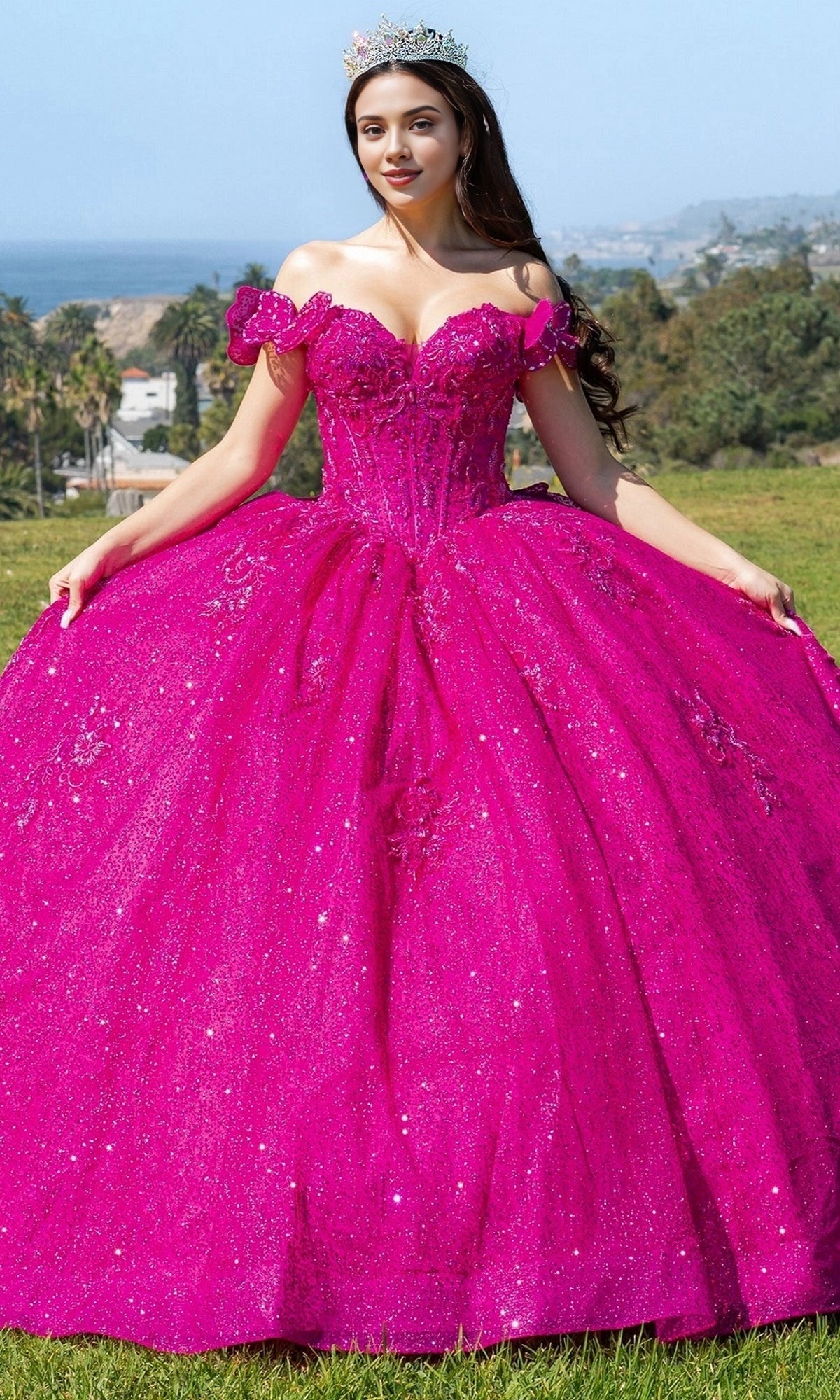 Glamorous Ball Gown Off‑The‑Shoulder Bow Sleeve Corset Back Train Length Glitter Quinceanera Dress