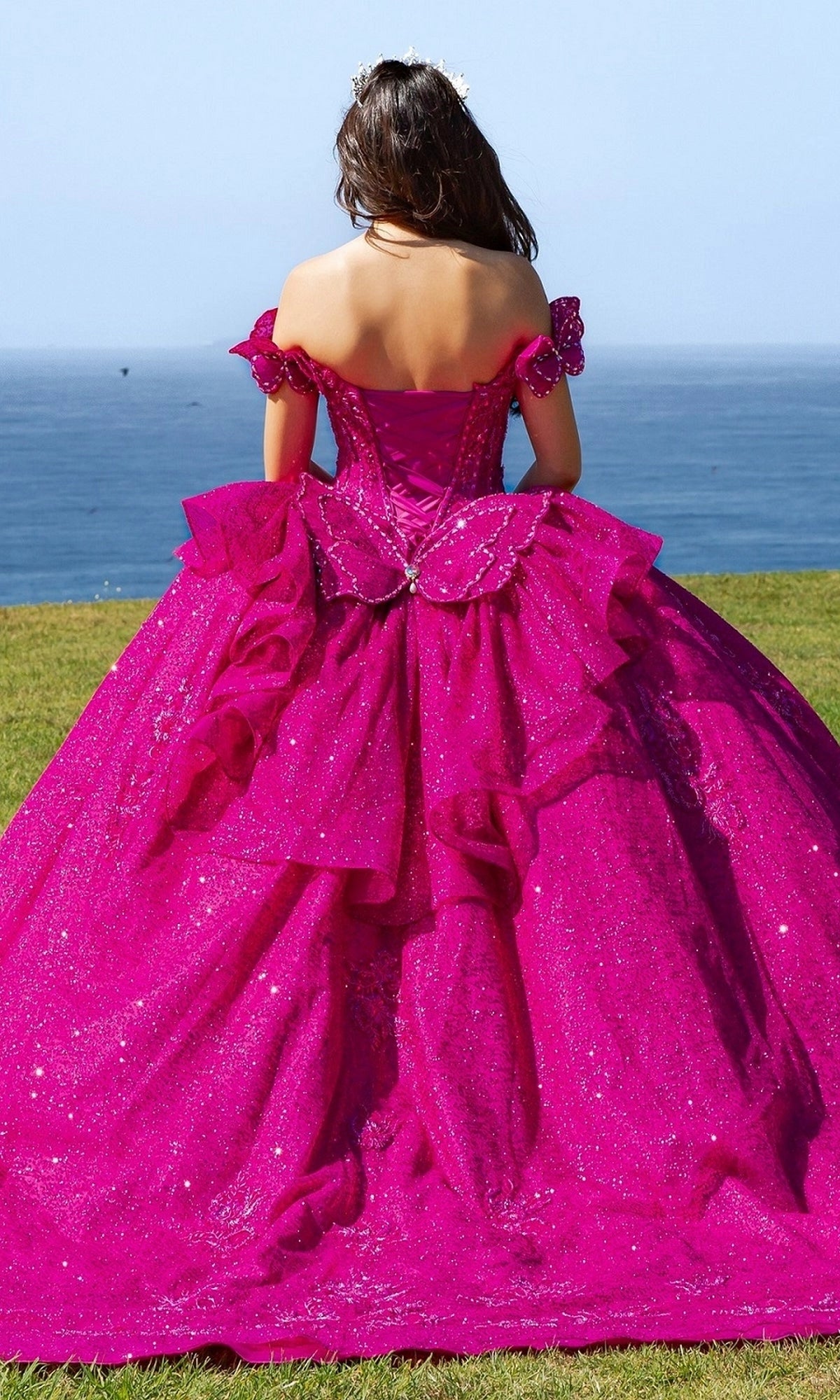 Glamorous Ball Gown Off‑The‑Shoulder Bow Sleeve Corset Back Train Length Glitter Quinceanera Dress