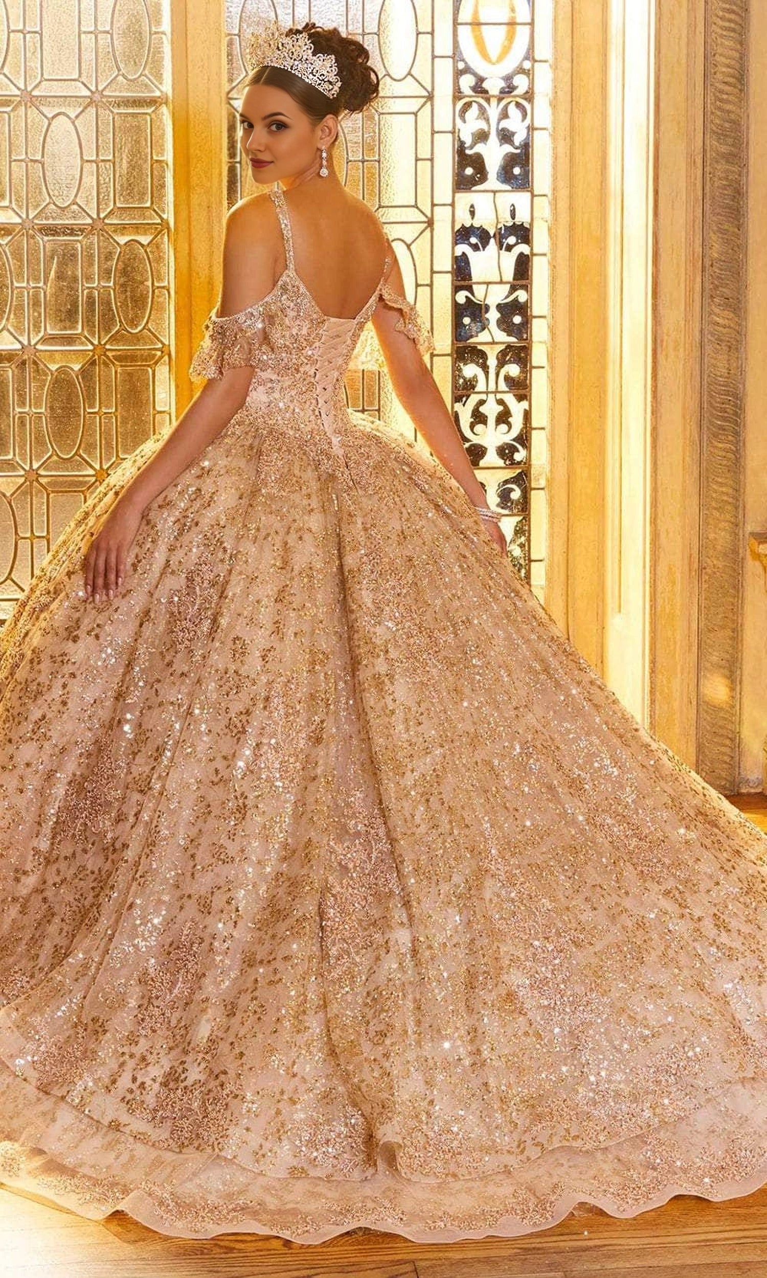 Vedress champagne gold quinceanera ball gown lace‑up corset back long train dress back view