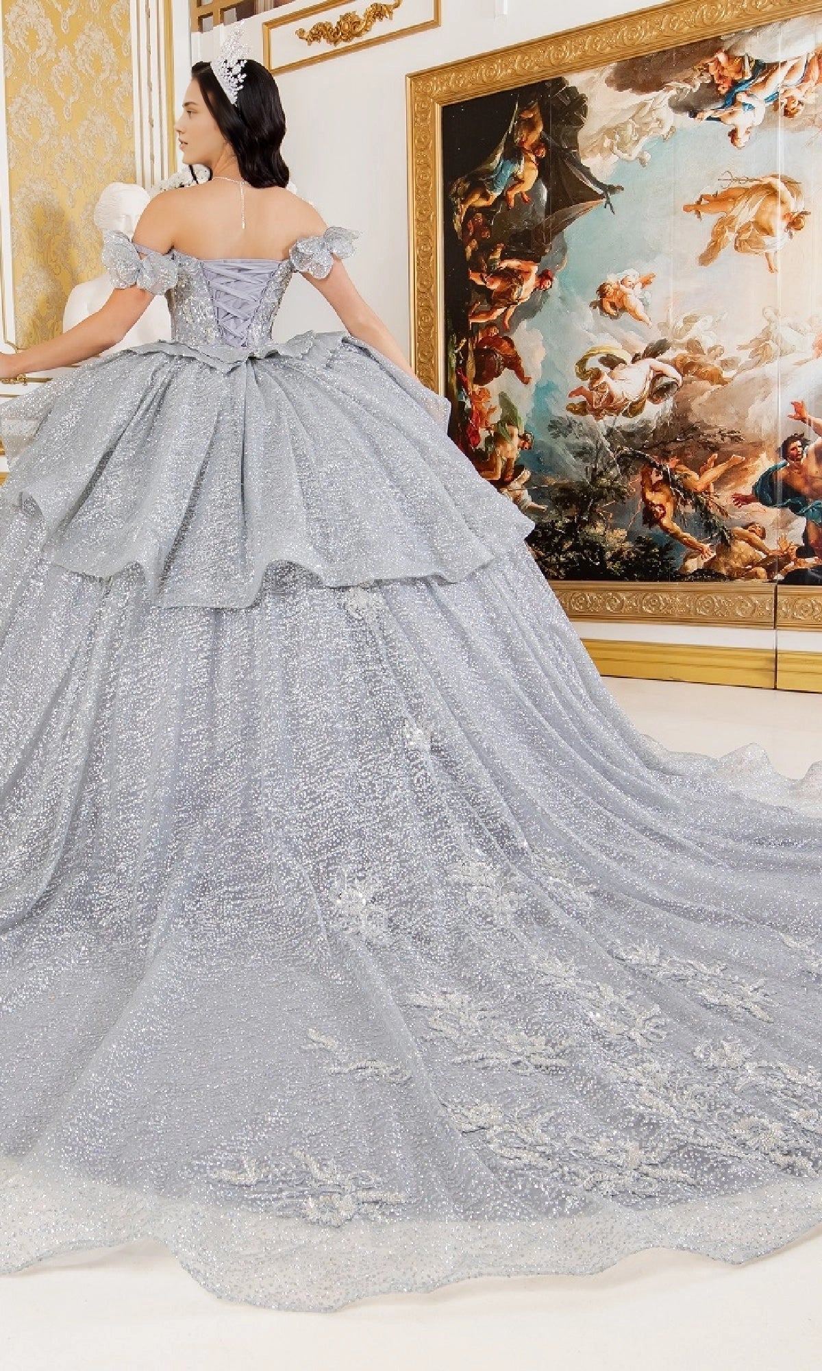 Vedress silver glitter tulle corset‑back quinceanera dress with ruffled waist and long train back view