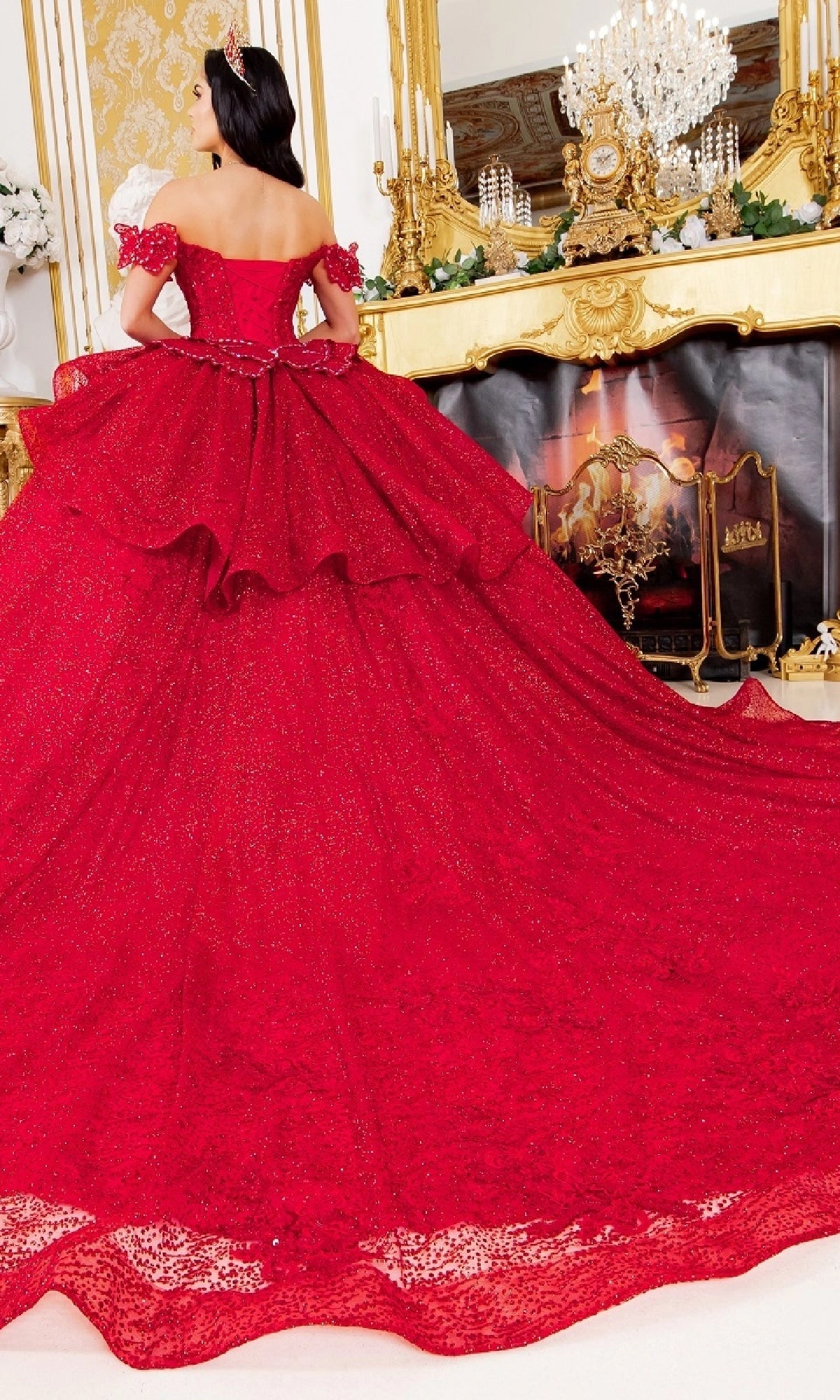 Glamorous Ball Gown Off‑The‑Shoulder Bow Sleeve Corset Back Train Length Glitter Quinceanera Dress
