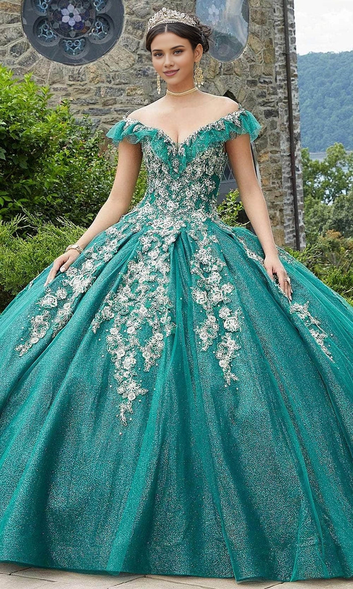 Glitter Ball Gown Off‑Shoulder V Neck Ruffle Short Sleeve Lace‑Up Back Train Length Quinceanera Dress