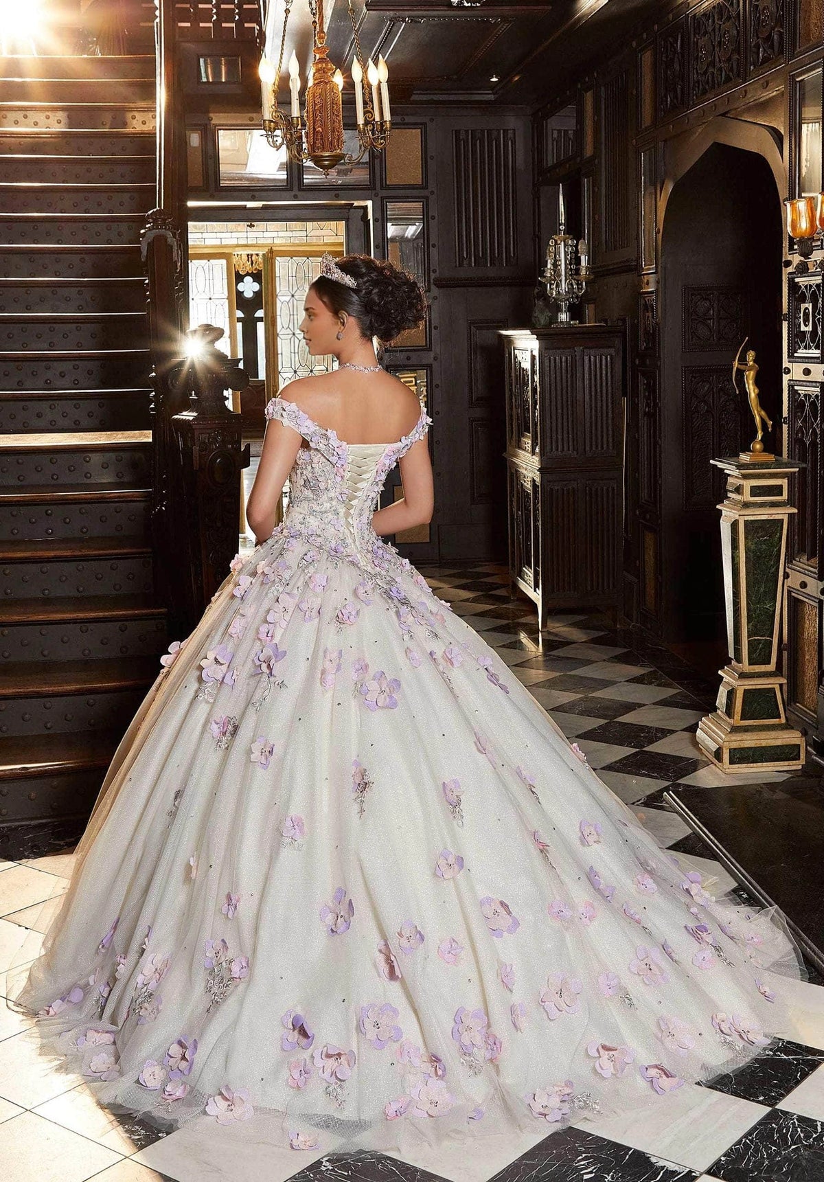 Vedress ivory ball gown quince dress lace‑up corset back off‑shoulder 3d flower glitter tulle train back view