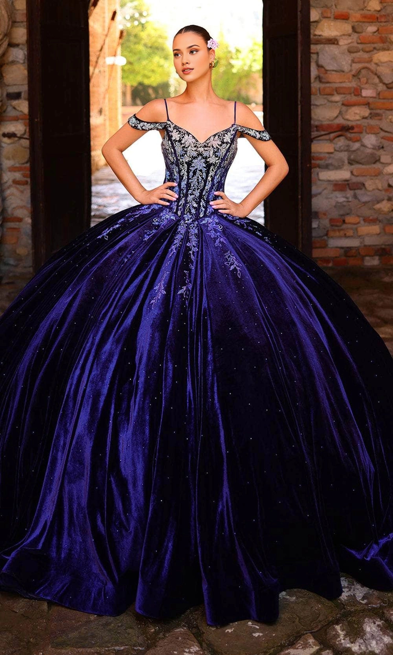Deep Purple Velvet Ballgown Cold‑Shoulder Corset‑Back Floor‑Train‑Length Quinceanera Dress