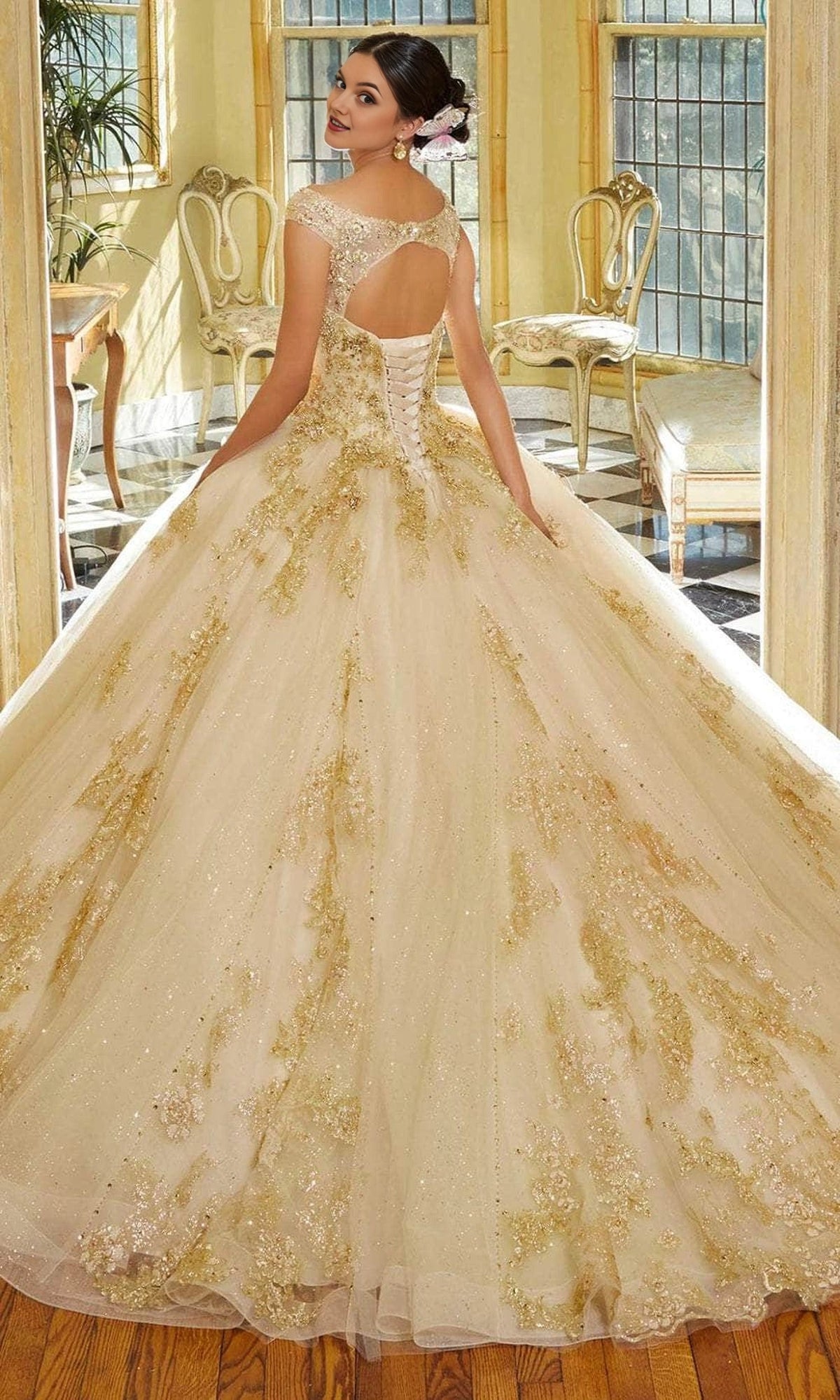 Vedress champagne ball gown quince dress keyhole lace‑up corset back cap sleeve gold glitter tulle train back view