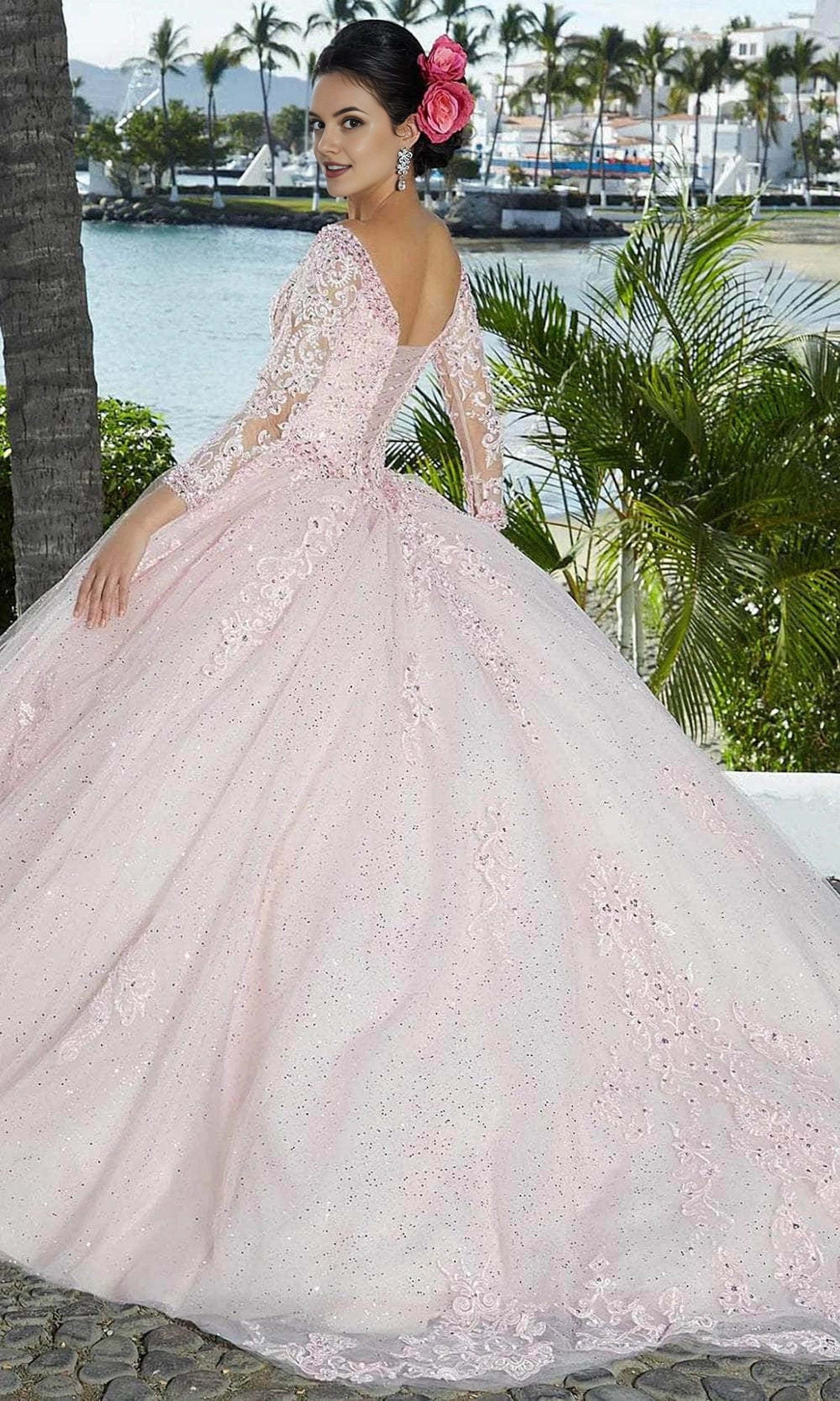 Vedress blush pink quinceanera ball gown lace‑up corset back lace embroidery dress back view