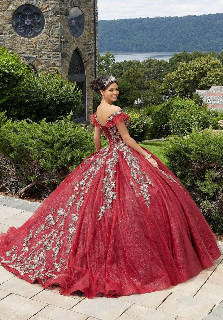 Vedress burgundy ball gown quince dress lace‑up corset back ruffle sleeve glitter tulle train back view