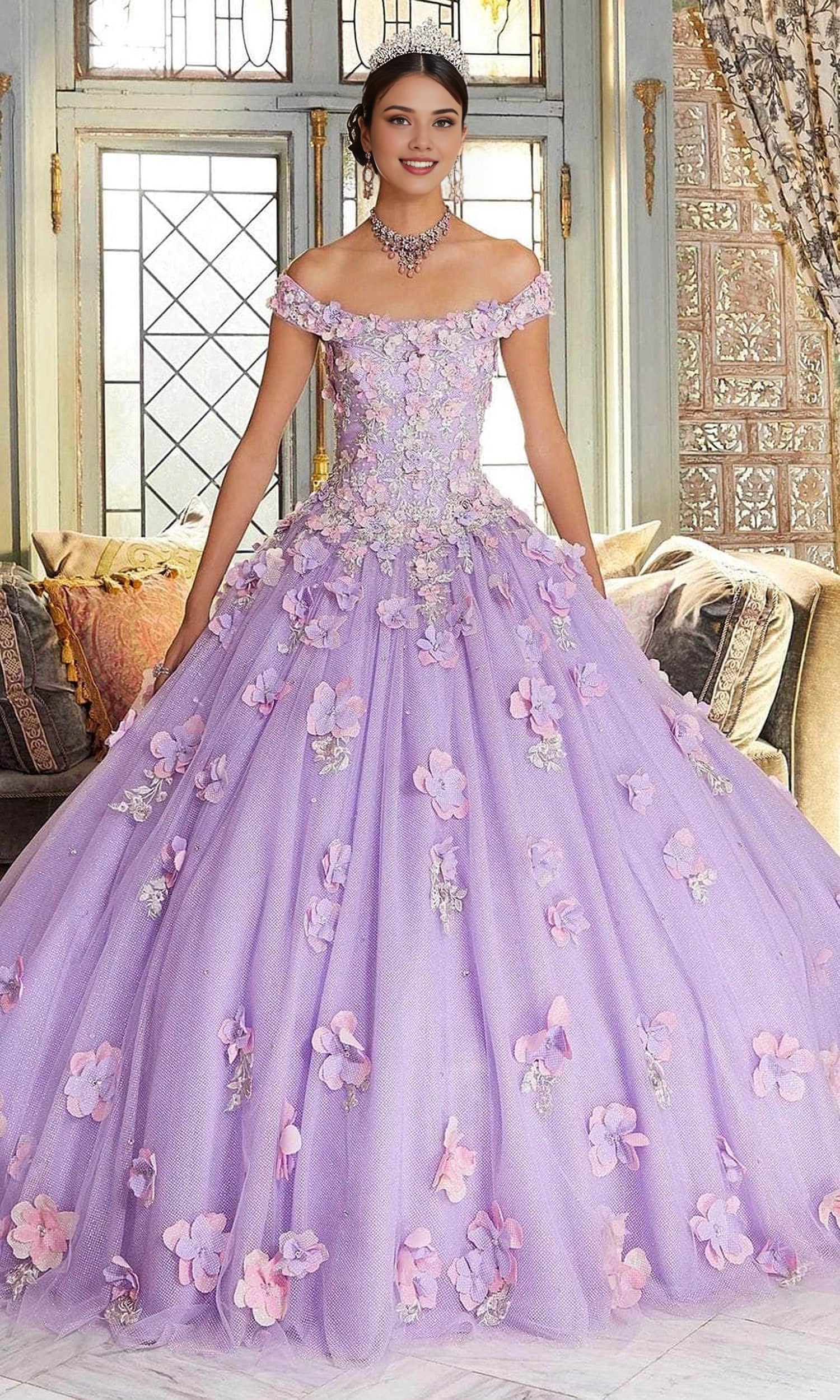 Glitter Ball Gown Off‑Shoulder Sweetheart Short Sleeve Lace‑Up Back Train Length 3D Floral Quinceanera Dress