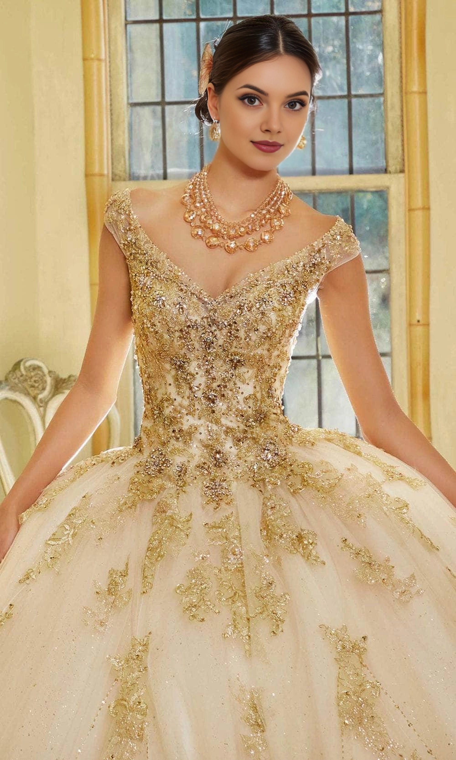 Champagne Glitter Ball Gown V‑Neck Cap Sleeve Keyhole Lace‑Up Back Train Length Gold Applique Quinceanera Dress