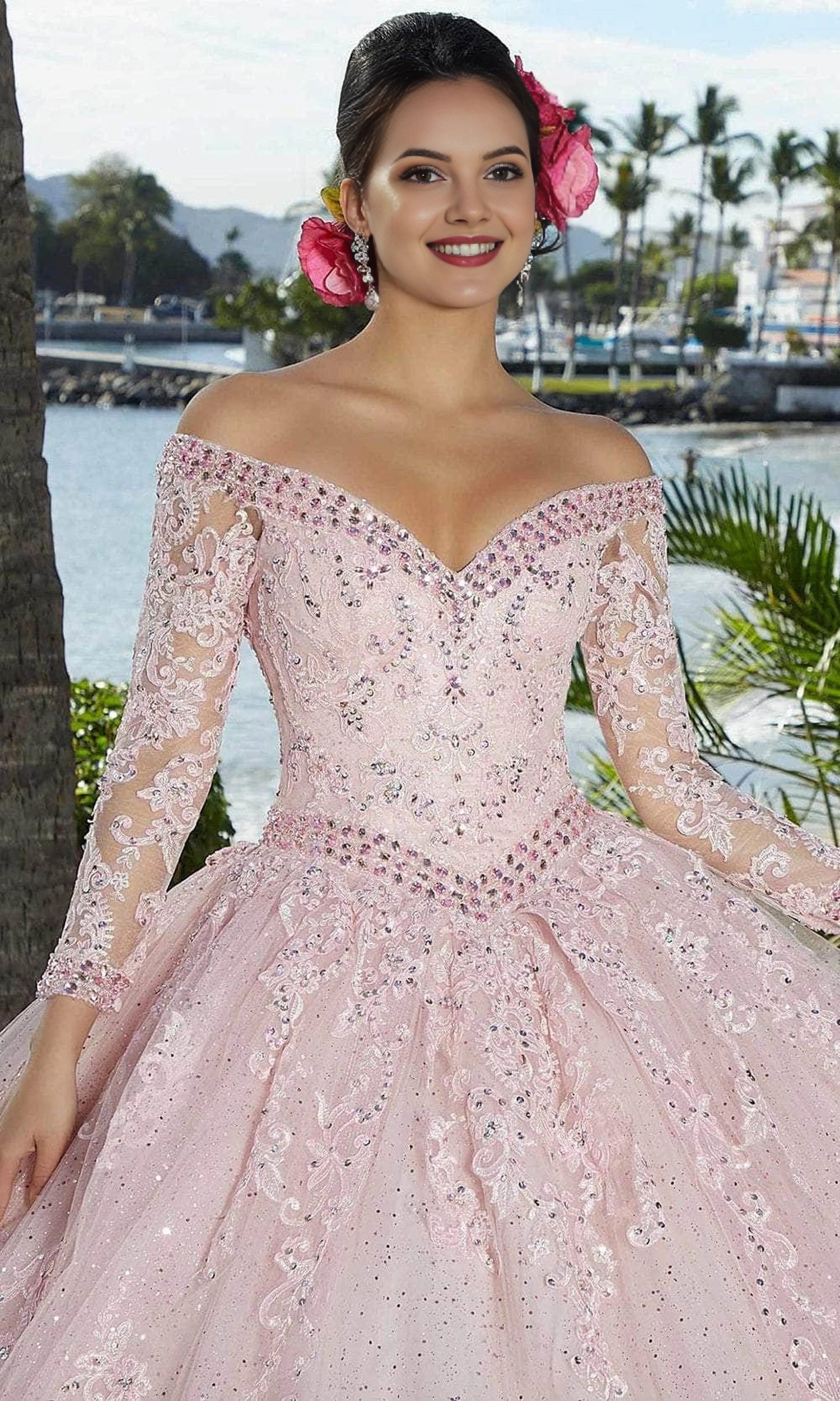 Glitter Ballgown Off‑The‑Shoulder Long‑Lace‑Sleeve Corset‑Back Floor‑Length Quinceanera Dress