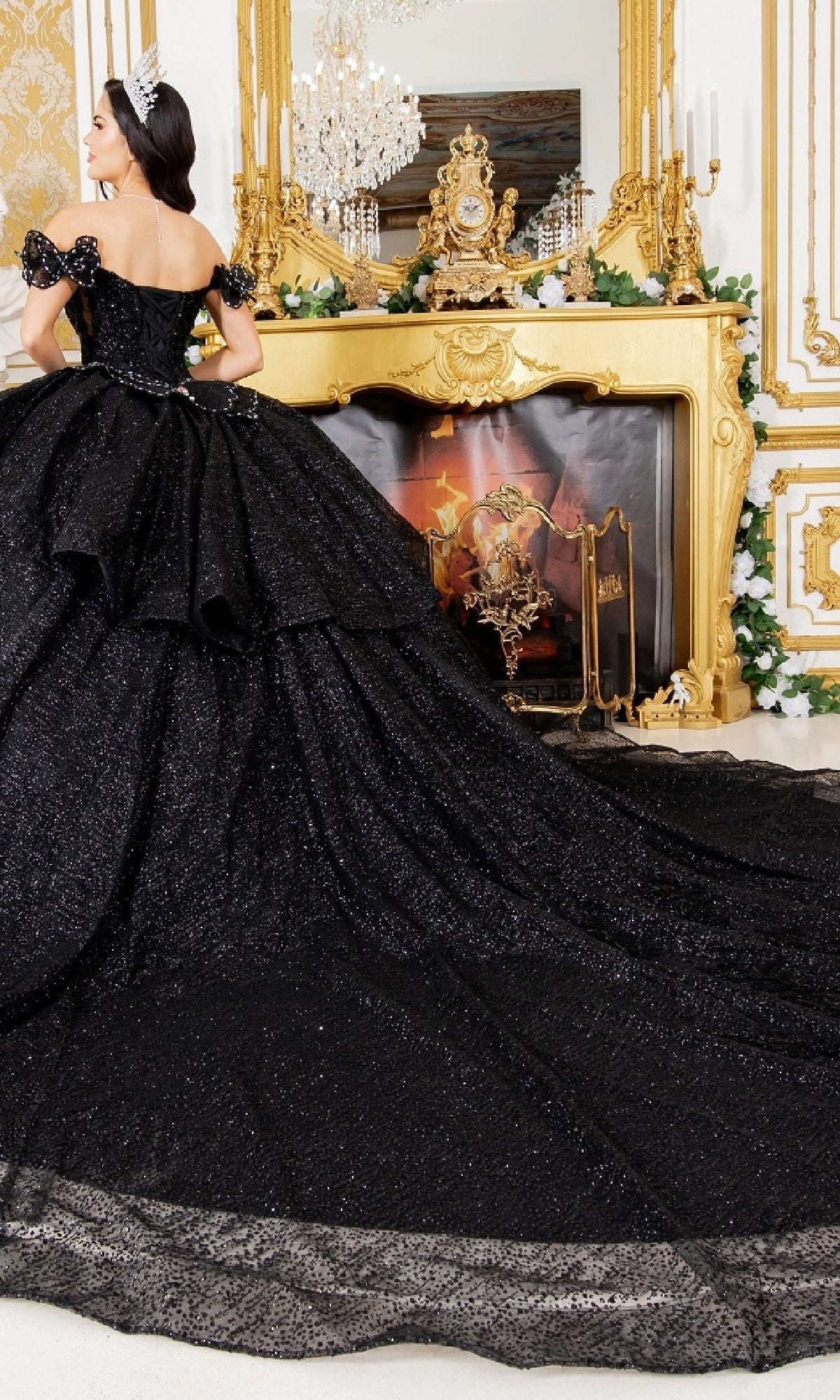 Glamorous Ball Gown Off‑The‑Shoulder Bow Sleeve Corset Back Train Length Glitter Quinceanera Dress